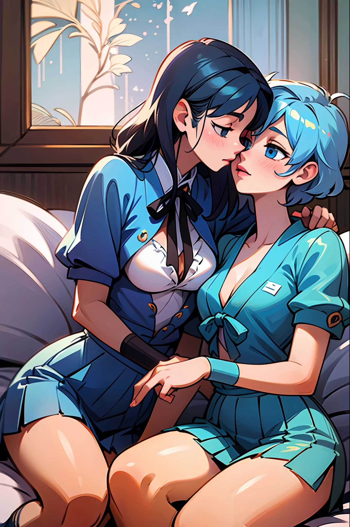 Woman sitting on bed in blue skirt, realistic young gravure idol, young cute gravure idol, ruffled costume, captured in Canon EOS R 6, young sensual gravure idol, young gravure idol, goddess of Japan, lesbian,cute lesbians kissing, kissing, soft lips,beautiful charming anime teen, ruffles, ribbon in hair, white tri-fold ankle socks Blouse with white ruffles Blue ribbon tie --auto --s2