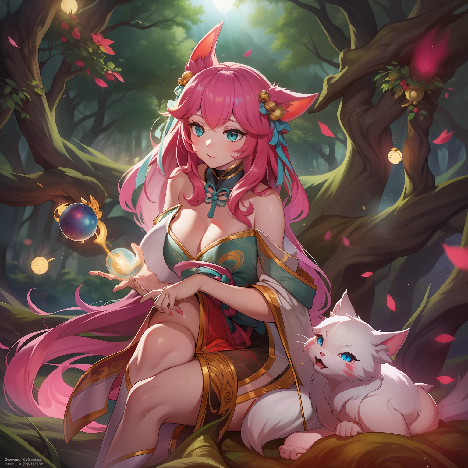 face illuminated,Bright backlight,Love background,超高分辨率,best qualtiy,photore,4K,(realisticlying:1.2), 1个Giant Breast Girl,adolable,roleplaying,ahri(league of legend),Sit on a branch,Crossed legs,with hands resting on knees,Naughty,looking at viewert,(mediuml breasts:1.1),Nine tails,Long ears,Green eyes,(longwavy hair:1.2),White and gold tiara,Red and gold cheongsam dress,(thighs high socks:1.3),red high heel pumps,Red and gold bracelet,In the moonlit forest,Hold the glowing sphere,