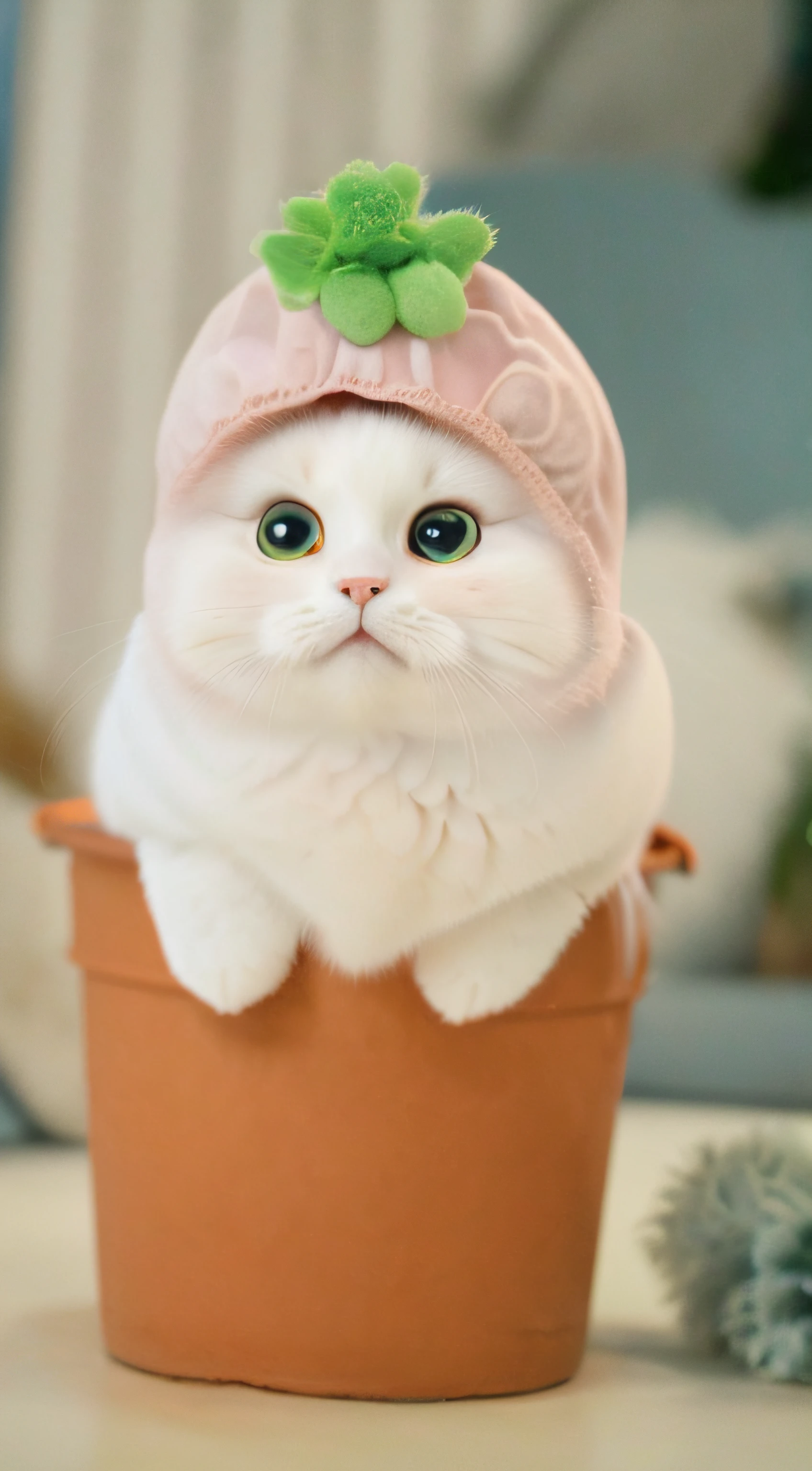 There is a white cat sitting in a flower pot wearing a pink hat, smol fluffy cat wearing smol hat, Cute cat, cute cat photo, cat with a hat, A cute cat, Kawaii cat, cute cute, scottish fold, wearing a cute hat, Adorable, it's wearing a cute little hat, beautiful lovely, cute cute,Eyes staring ahead,