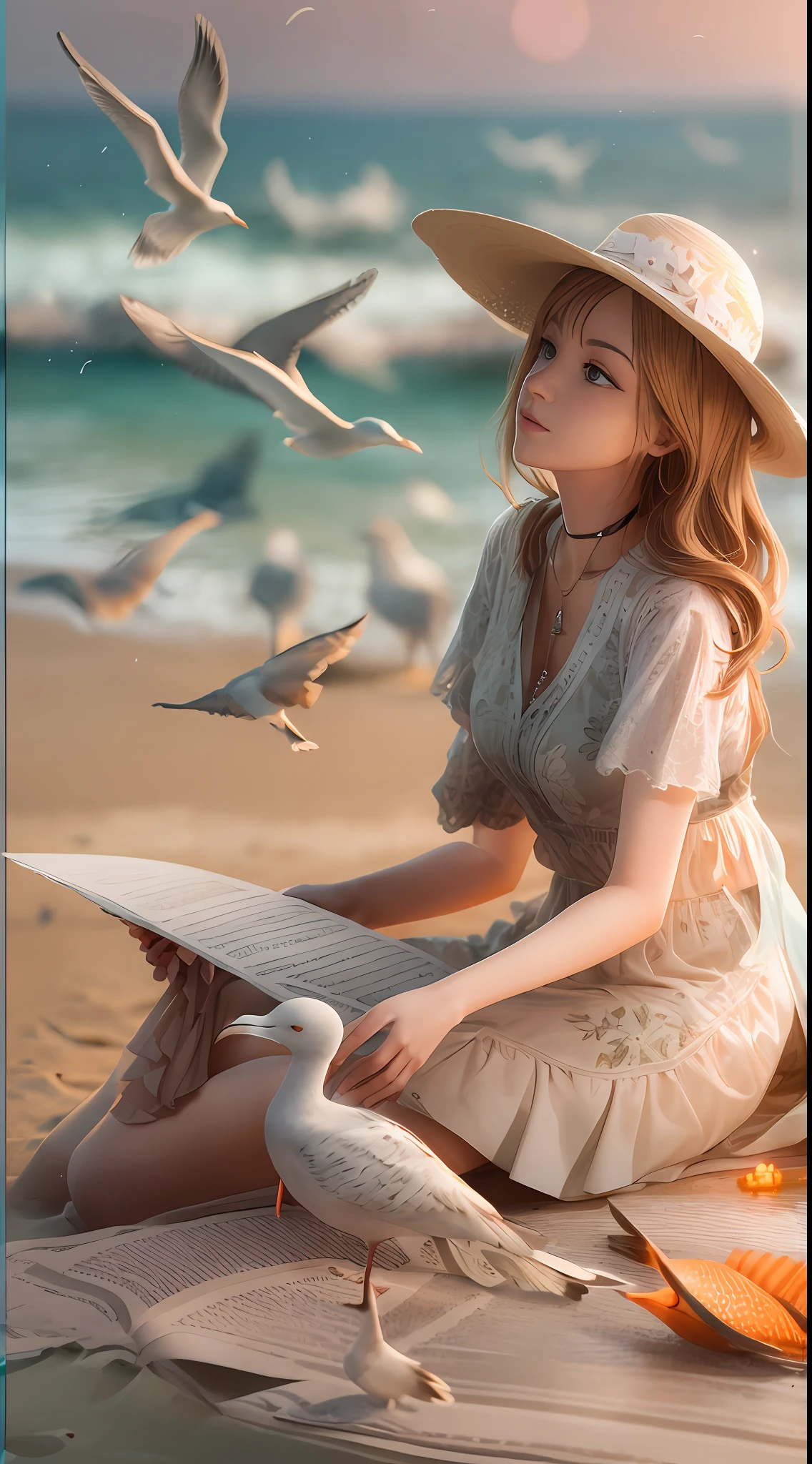 （illustration: 1.3),（ paper art: 1.3), 3D rendering of, Beautiful beauty sitting on the beach playing, the sea, seagulls, Sunset, The fish, Best quality, Detailed details, Masterpiece, offcial art, movie light effect, 4K, Chiaroscuro , Flash