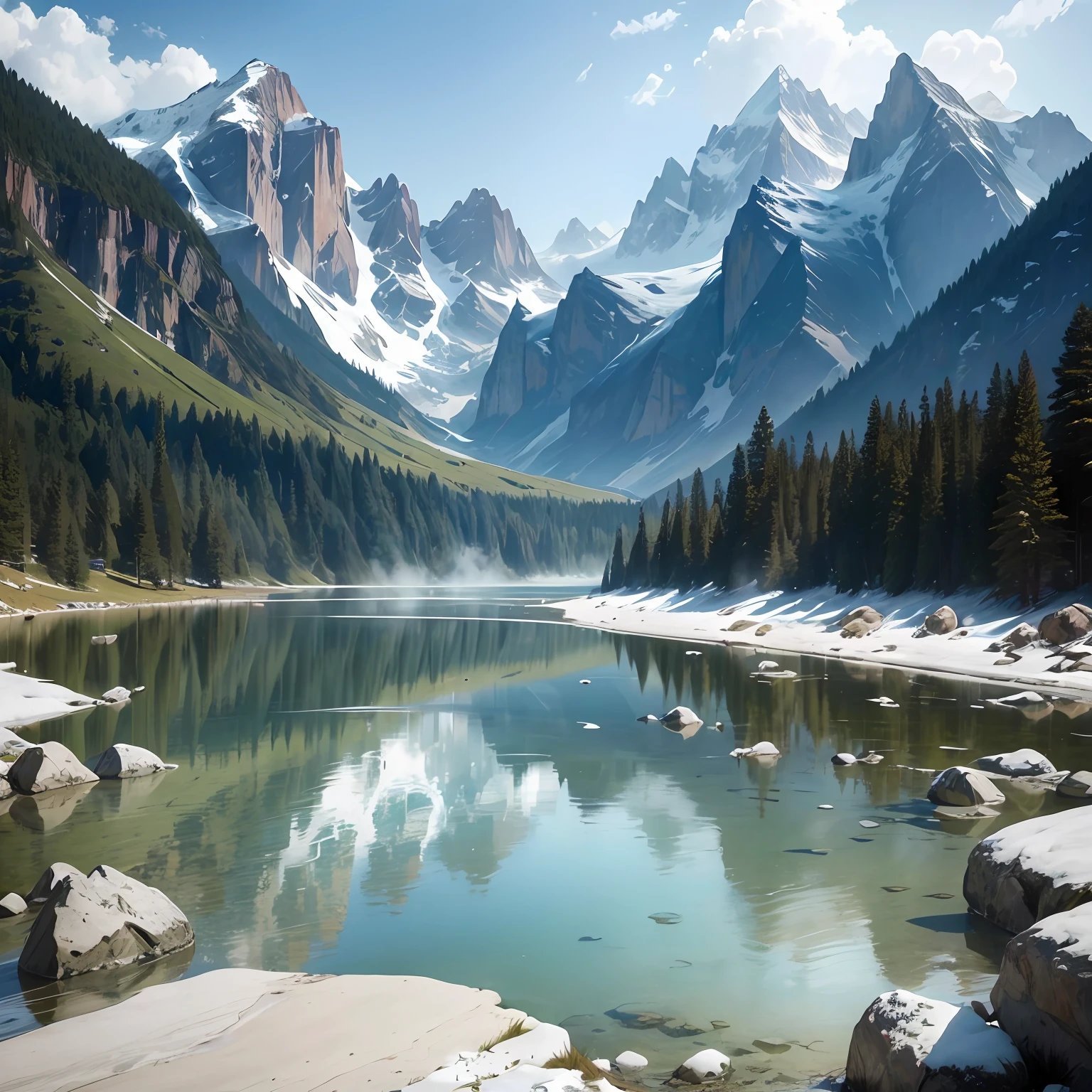 Cool down from high temperatures,There are mountains, waters, and the view,The graphics are refreshing。Newspaper design style 。Someone is traveling to enjoy the scenery。There is a lot of water