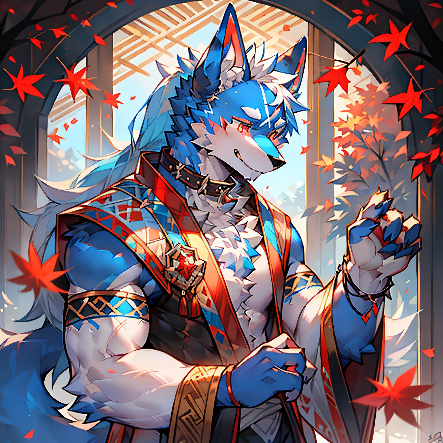 solo person,Hanfu,werecreature,Male white wolf,Blue fur,Blue tail,White ears,Blood-red eyes,Red collar,musculature,male people,Handsome,(The furry feeling of animal ears),Maple leaves fall,autumnal,High ponytail,ancient wind