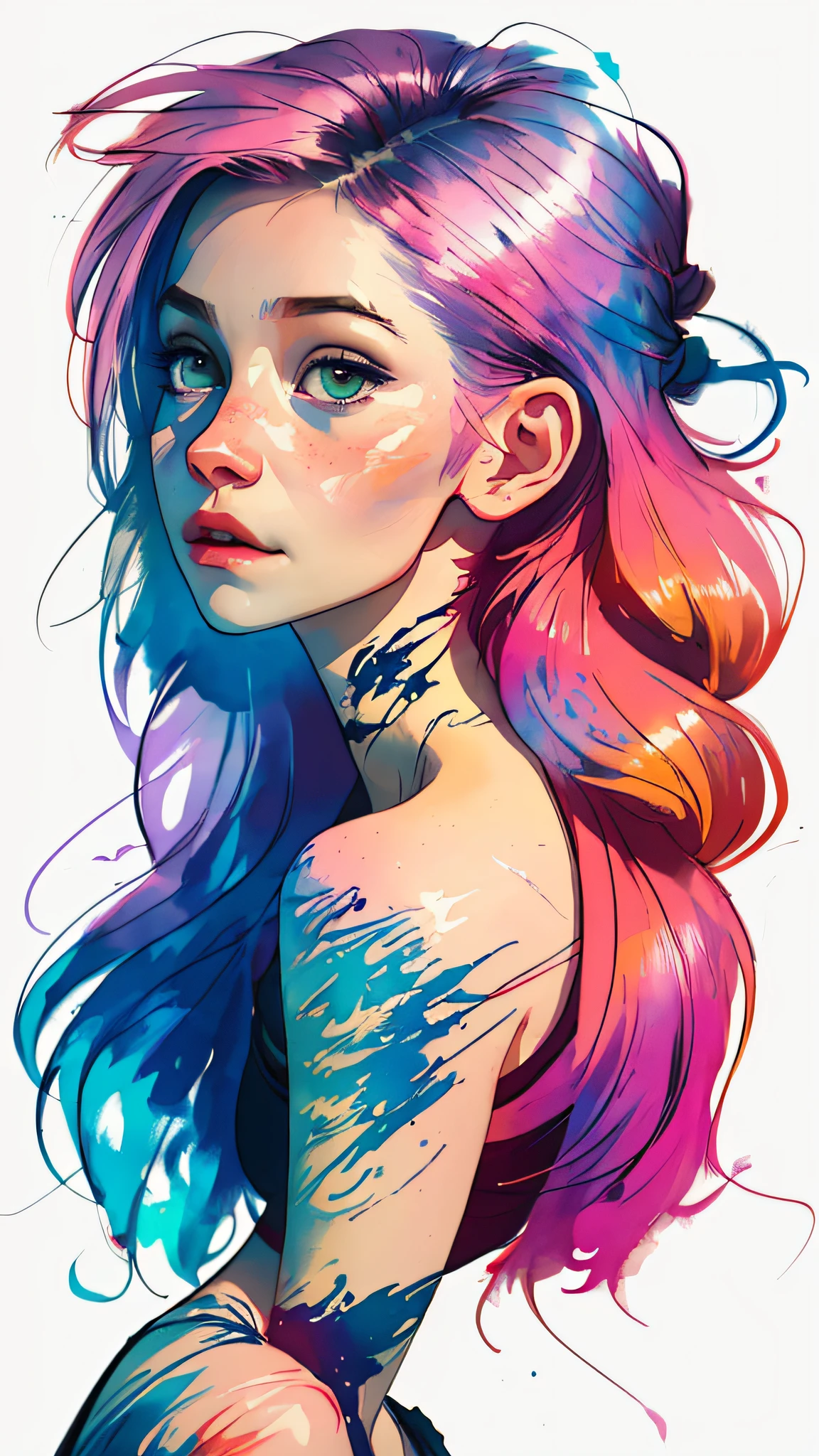 (8k, best quality, masterpiece:1.2),(best quality:1.0), (ultra highres:1.0), watercolor, a beautiful woman, shoulder, hair ribbons, by agnes cecile, half body portrait, extremely luminous bright design, pastel colors, (ink:1.3), autumn lights