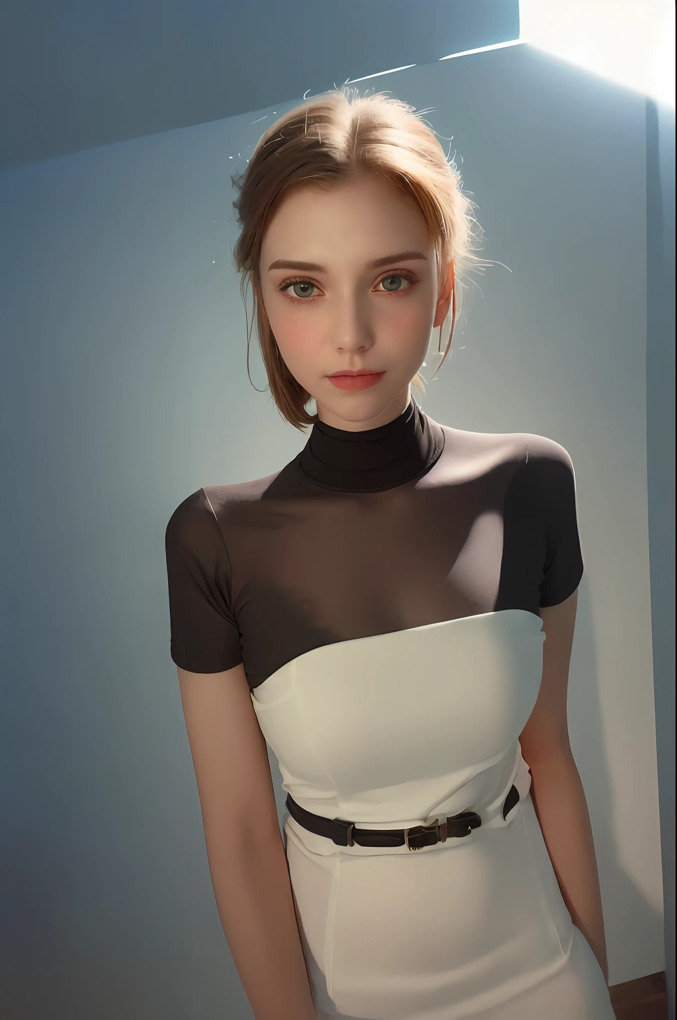 Hyperrealist portrait of female by david hockney and alphonse mucha,fantasy art, photo realistic, dynamic lighting, artstation, poster, volumetric lighting, very detailed faces, 4 k, award winning,, 1girl, evil smile, in the dark, deep shadow, low key,cowboy shot,(official clothing:1.4) ,long hair,white hair,chuuChloe,