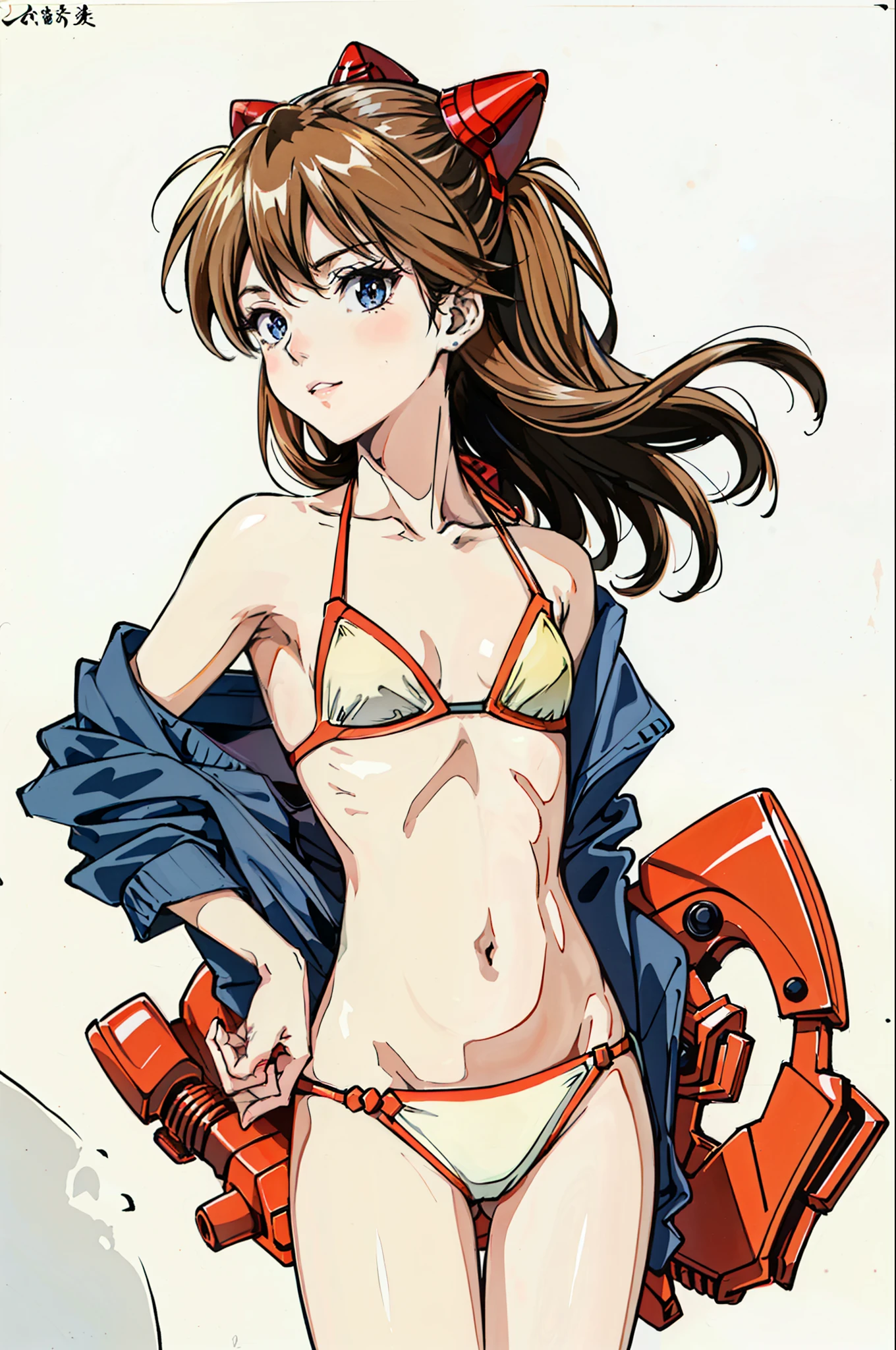 foto retrato de ((Asuka Langley, 24 years)), ((Asuka Langley en cuerpo entero)), (((beautiful asuka langley anorexic))), ((muy flaca en bikini)), (((huesos y costillas visibles))), ((small flat breasts)), ((very small waist)), piernas delgadas, ((rostro hermoso)), ((vista de perfil cuerpo entero)), (((concave abdomen))), ((Asuka Langley muy muy flaca)), (((fondo blanco))). ((cabello al viento)). (((mejor calidad)))