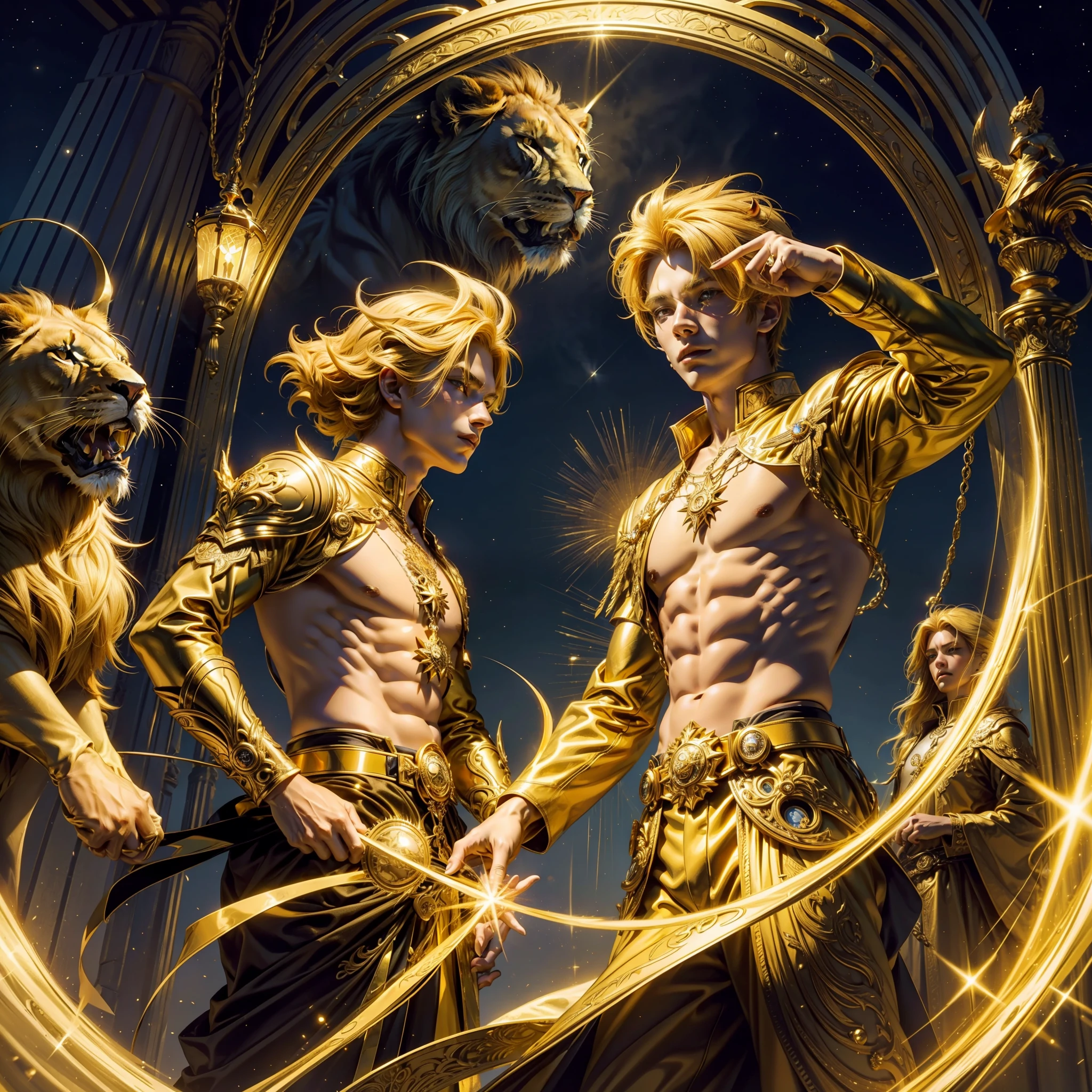 Magic Golden Leo astrolabe，Yellow-haired people，Next to a lion