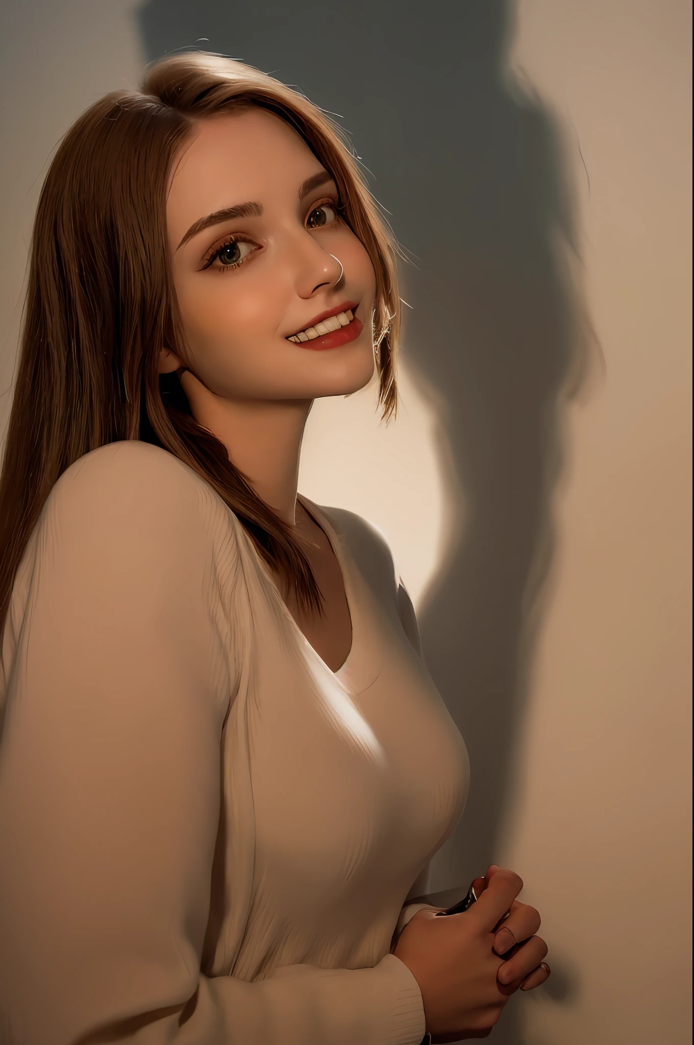 Hyperrealist portrait of female by david hockney and alphonse mucha,fantasy art, photo realistic, dynamic lighting, artstation, poster, volumetric lighting, very detailed faces, 4 k, award winning,, 1girl, evil smile, in the dark, deep shadow, low key,cowboy shot,(official clothing:1.4) ,long hair,white hair,chuuChloe,