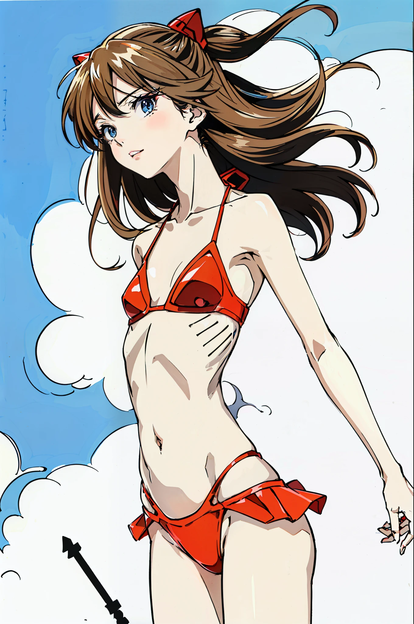foto retrato de ((Asuka Langley, 24 years)), ((Asuka Langley en cuerpo entero)), (((beautiful asuka langley anorexic))), ((muy flaca en bikini)), (((huesos y costillas visibles))), ((small flat breasts)), ((very small waist)), piernas delgadas, ((rostro hermoso)), ((vista de perfil cuerpo entero)), (((concave abdomen))), ((Asuka Langley muy muy flaca)), (((fondo blanco))). ((cabello al viento)). (((mejor calidad)))