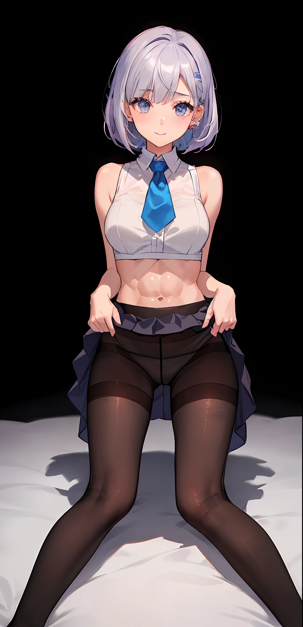 NSFW、1 girl,masterpiece、beautiful lighting、Detailed beautiful face、Detailed beautiful eyes、hight resolution、Ultra-fine illustration、extremely delicate and beautiful、top-quality、(The whole body is shown:1.5)、(eye glass:1.5)、(Cute),(Silvery hair、short-cut、bob cuts、Eyes are purple)、(drooing eyes:1.2、The eyes are detailed and beautiful),(Skirt lift:1.3),Curvaceous, A smile、(shinny hair, Glossy eyes, shinny skin), (glistning skin,de pele branca) 、(Recurve the body、up chest)、(crouching down:1.2、open one's legs:1.2),Open knees、knees up、Emphasis on the chest、Emphasized crotch、(Blouse、Business suits、Sleeveless 、Short tight skirt),(low rise pants:1.5)、thighs thighs thighs thighs、Watch your audience、under the boobs、blushed、thighs thighs thighs thighs、(Black pantyhose:1.3)、Blushing cheeks、(Abs 1.2)