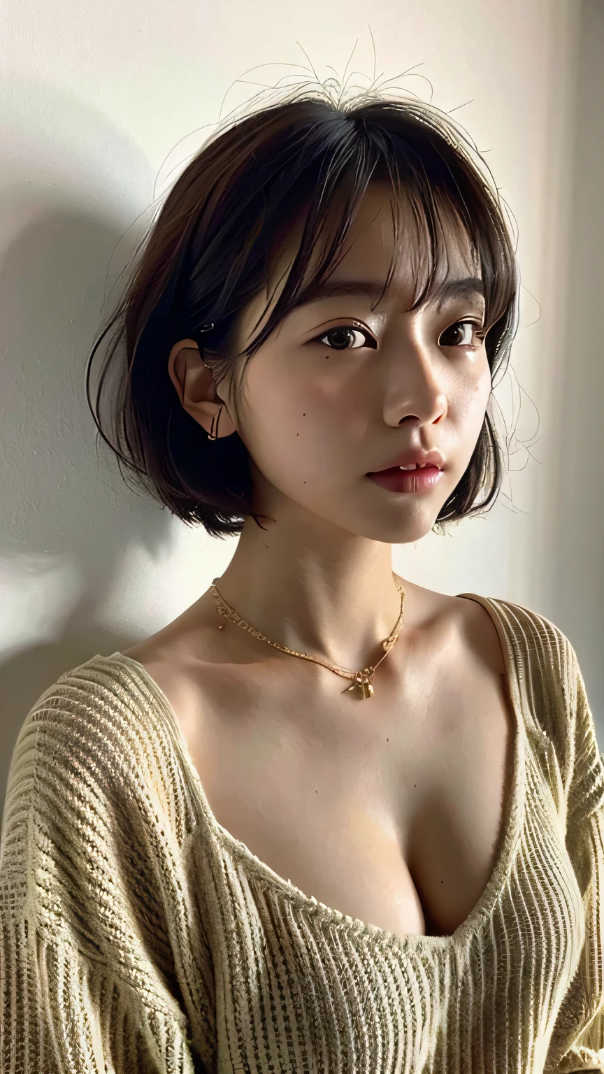 (Best quality, 8k, 32k, Masterpiece, UHD:1.2),Photo of Pretty Japanese woman, large breasts, very short bob hair,upper body,face focus,oversized_sweater, necklace, simple background, from above, looking at viewer,