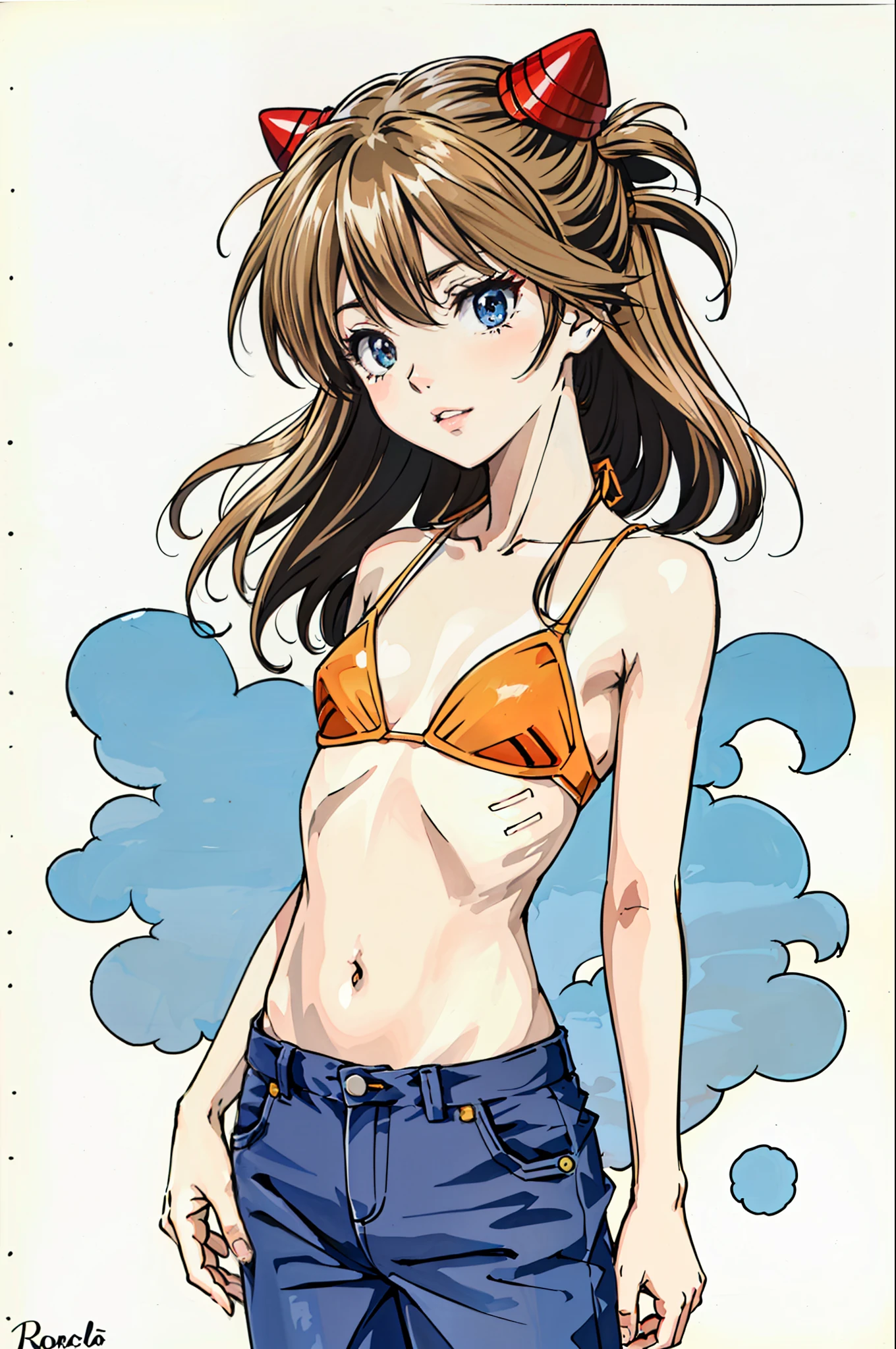 foto retrato de ((Asuka Langley, 24 years)), ((Asuka Langley en cuerpo entero)), (((beautiful asuka langley anorexic))), ((muy flaca en bikini)), (((huesos y costillas visibles))), ((small flat breasts)), ((very small waist)), piernas delgadas, ((rostro hermoso)), ((vista de perfil cuerpo entero)), (((concave abdomen))), ((Asuka Langley muy muy flaca)), (((fondo blanco))). ((cabello al viento)). (((mejor calidad)))