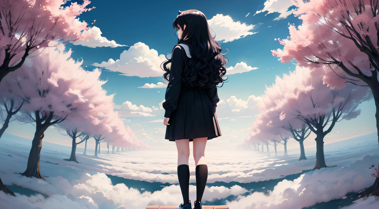 animemanga girl,Black big wavy hairstyle,Standing on the clouds,Distance,On the cloud,Anime boys,black color hair,Black and white school uniform,Cherry blossom trees on the clouds, --auto