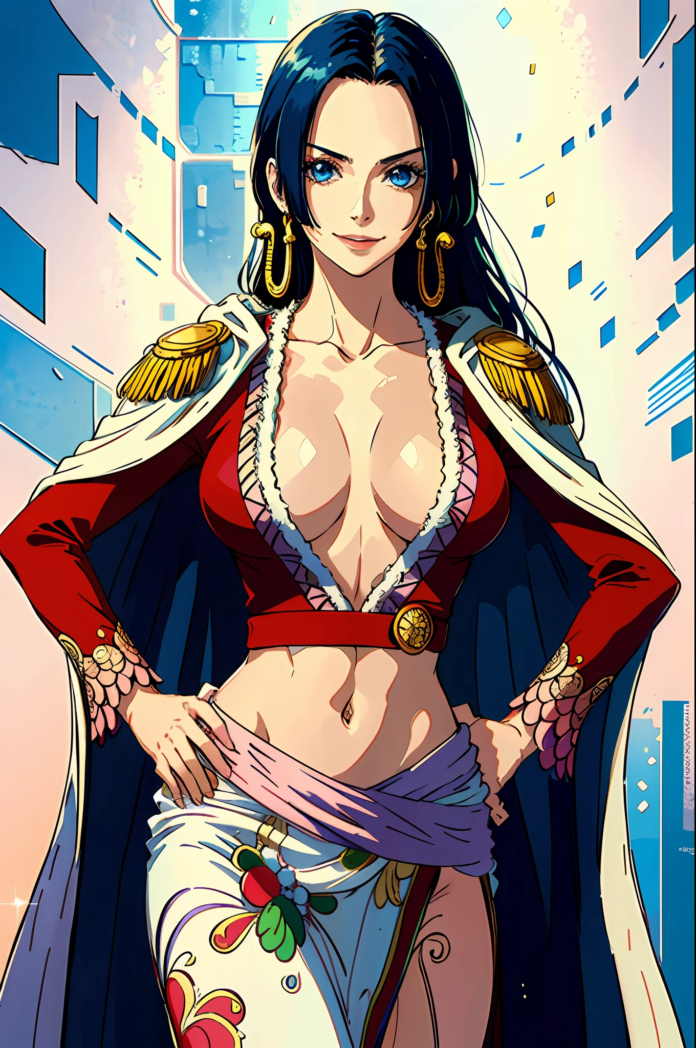 (masterpiece, best quality:1.2), cowboy shot, solo, 1girl, boa hancock, smile, looking at viewer, hand on hip, cape, epaulettes, cleavage, jewelry, earrings, midriff