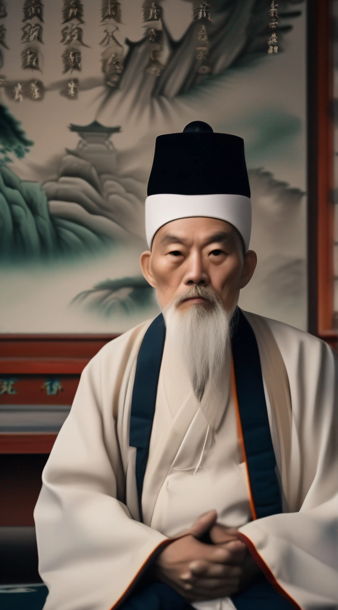 The white-bearded old Taoist priest dressed in a Taoist uniform sits in the Taoist temple，Face the lens，Face HD，The background is clear