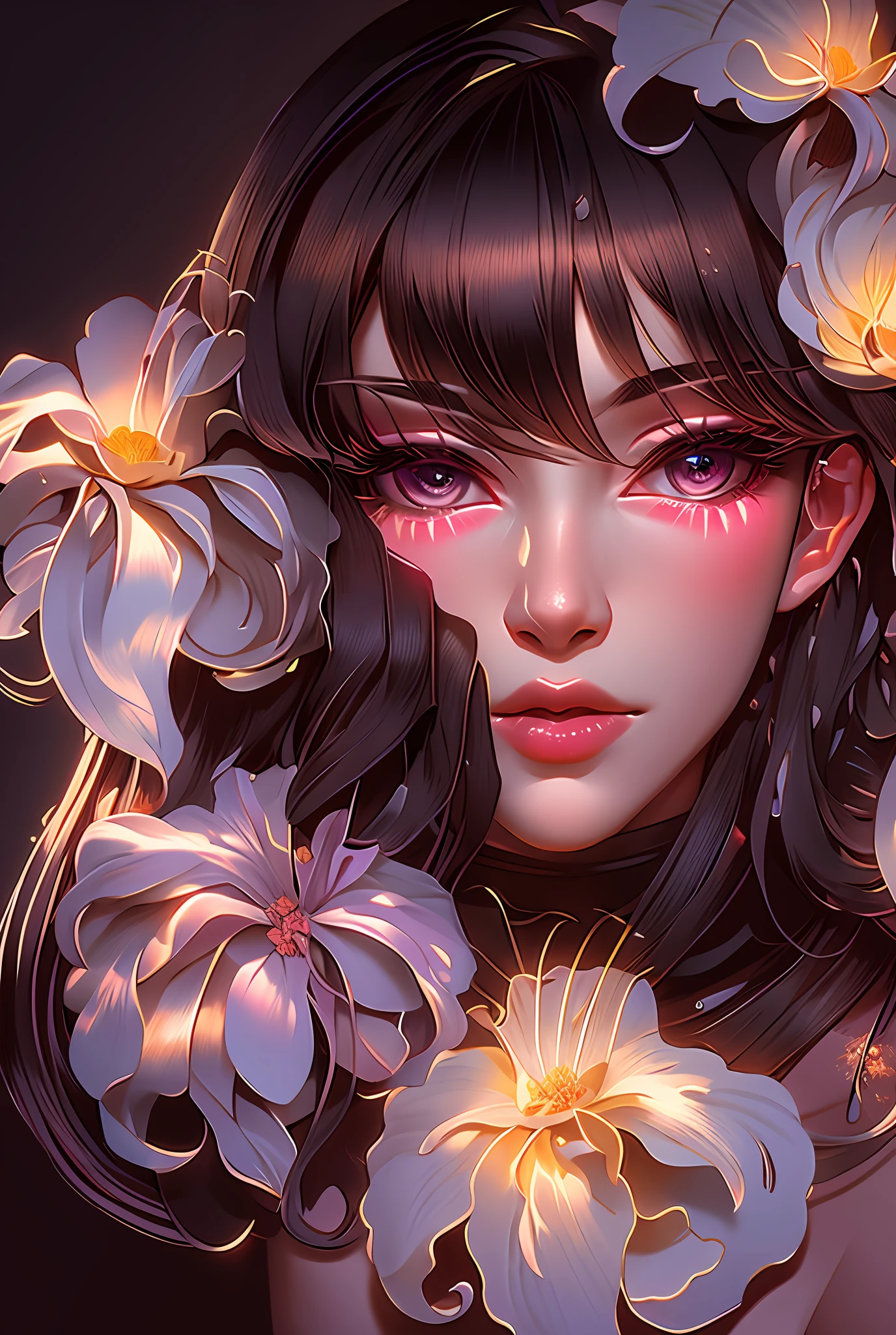 drawing of a woman with flowers in her hair and a flower in her hair, inspired by Harumi Hironaka, inspired by amano, portrait of anime woman, inspired by Naoko Takeuchi, inspired by Ayako Rokkaku, portrait of japanese gyaru, inspired by Kusumi Morikage, style of yoshitaka amano,masterpiece, best quality, (extremely detailed CG unity 8k wallpaper), (best quality), (best illustration), (best shadow), absurdres, realistic lighting, (Abyss), beautiful detailed glow