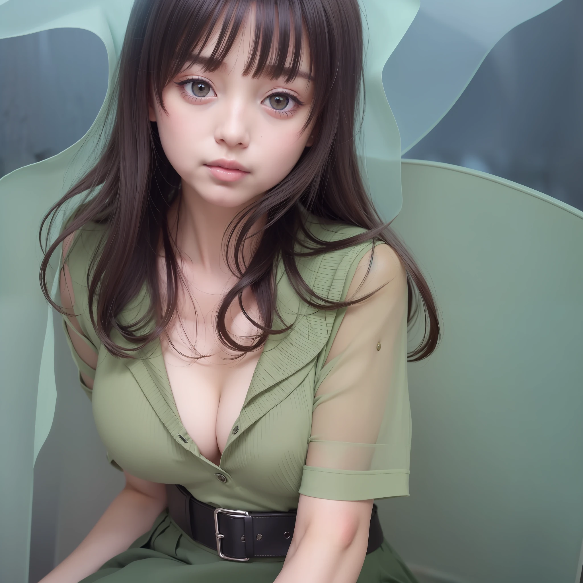 masterpiece, best quality, 1girl, solo, girls und panzer, el, cleavage, blue shirt, suspenders, green skirt, black belt, outdoors