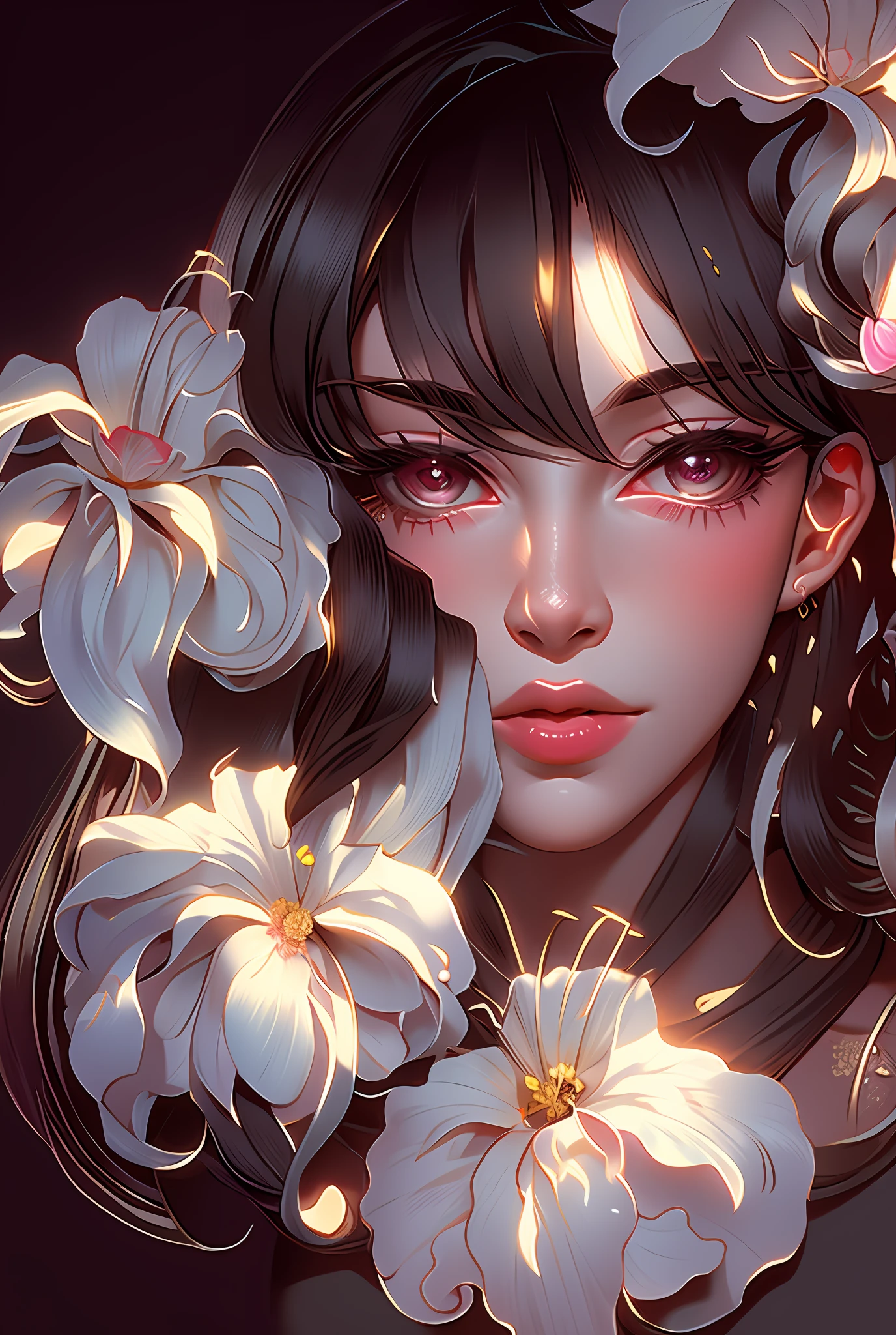 drawing of a woman with flowers in her hair and a flower in her hair, inspired by Harumi Hironaka, inspired by amano, portrait of anime woman, inspired by Naoko Takeuchi, inspired by Ayako Rokkaku, portrait of japanese gyaru, inspired by Kusumi Morikage, style of yoshitaka amano,masterpiece, best quality, (extremely detailed CG unity 8k wallpaper), (best quality), (best illustration), (best shadow), absurdres, realistic lighting, (Abyss), beautiful detailed glow