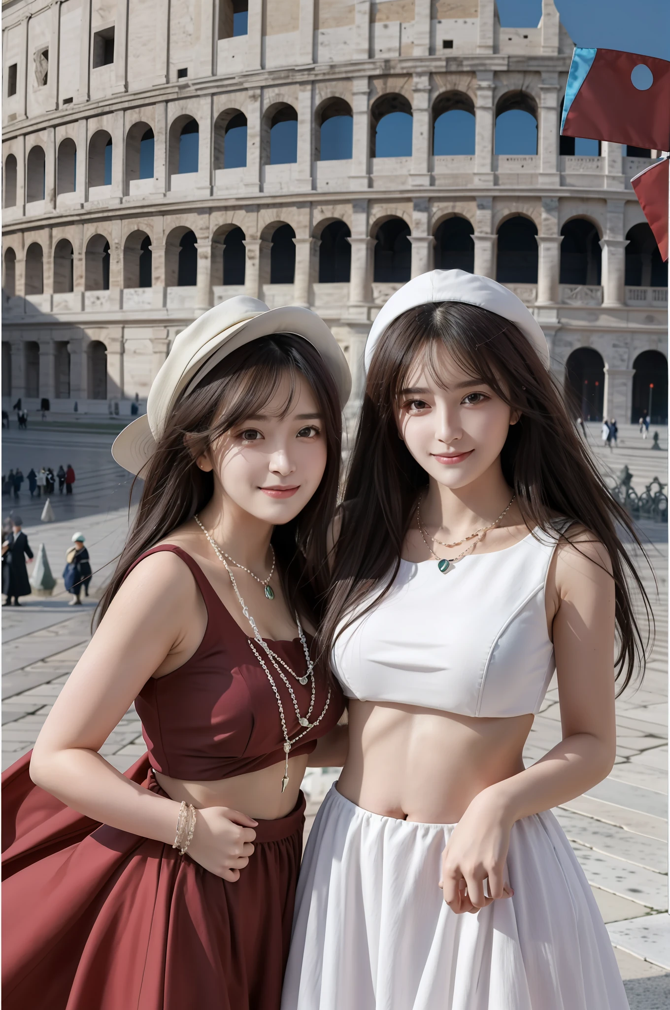 masterpiece, 4K, best quality, FELute, necklace, purple dress, (on the St. Peter's Square of Vatican,crowd,navel),bracers, cowboy shot, looking at viewer, smirk, hand up