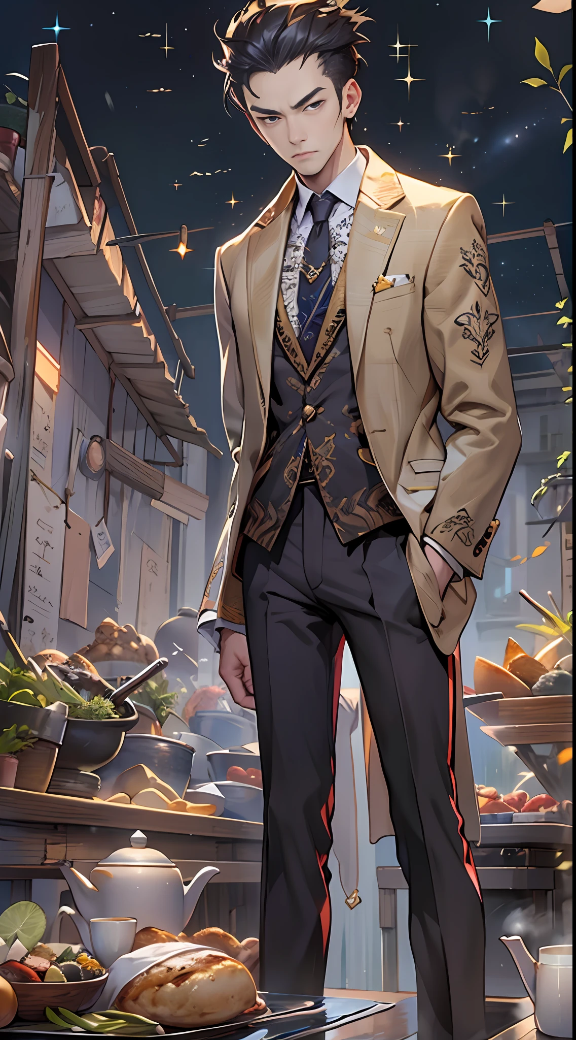 A tall, The handsome food anchor turned around and came to the project leader,Shook his head with a frown,in the style of the stars art group xing xing, 32k, best quality, masterpiece, super detail, high details