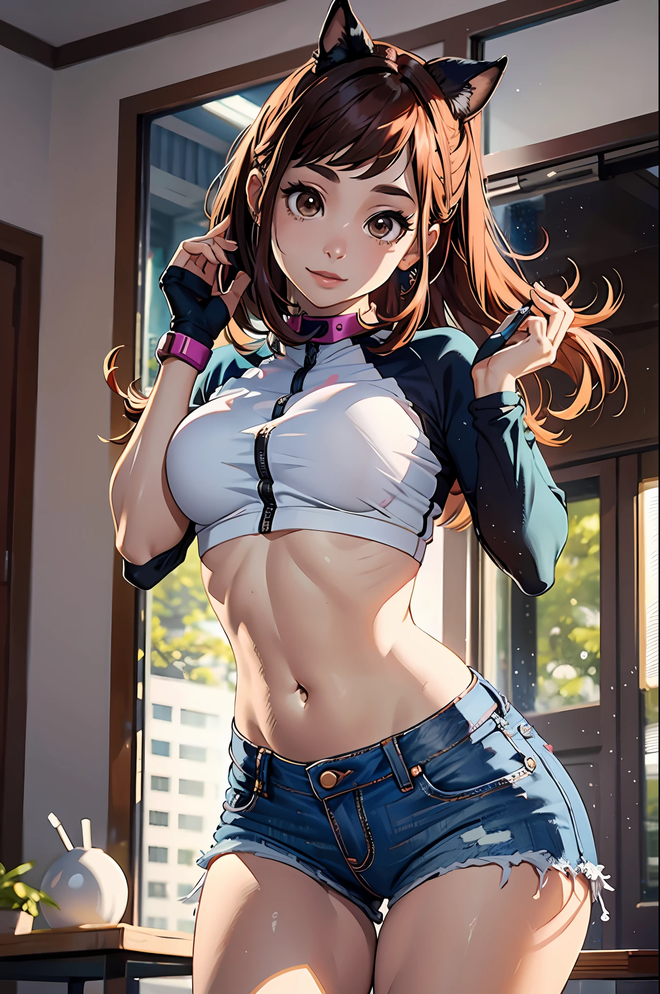 Ochaco Uraraka, muito sensual, com roupas de funkeira, brasileira, rio de janeiro, dancing funk, rebolando, bunda grande, pernas grossas, usando um short jeans extremamente curto, usando uma mini blusa, umbigo com pirsing, sneakers Nike, cabelo comprido, Speaker behind, corpo inteiro, muito realista, extremamente sexy, 8k, 8k extremamente detalhado), (um extremamente delicado e bonito), (obra-prima), (melhor qualidade: 1.0), (ultra highres:1.0)