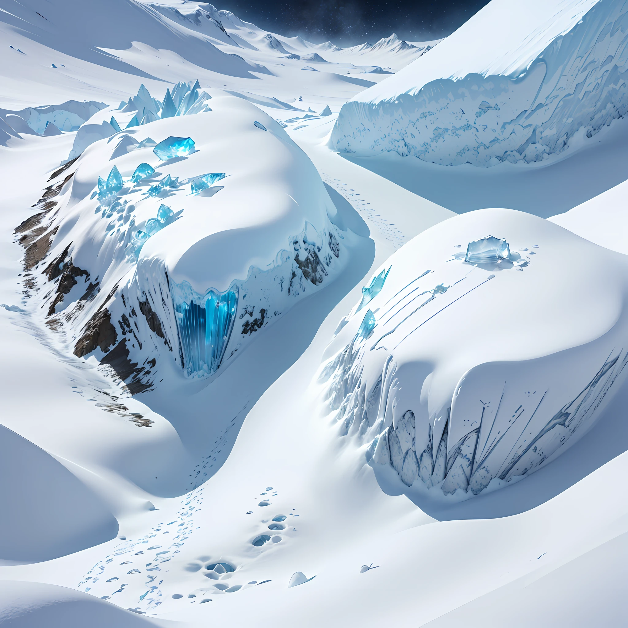 hyper HD, retinas, Anatomically correct, Textured skin, Super detail, Best quality, A high resolution,Huge glaciers,Similar to the polar regions of Antarctica,(Albid salt crystals:1.2),Human footprints are rare,No Man,Glowing seawater,snowflakes falling,Extremely cold winter,Sky blue crystal clusters,extreme light