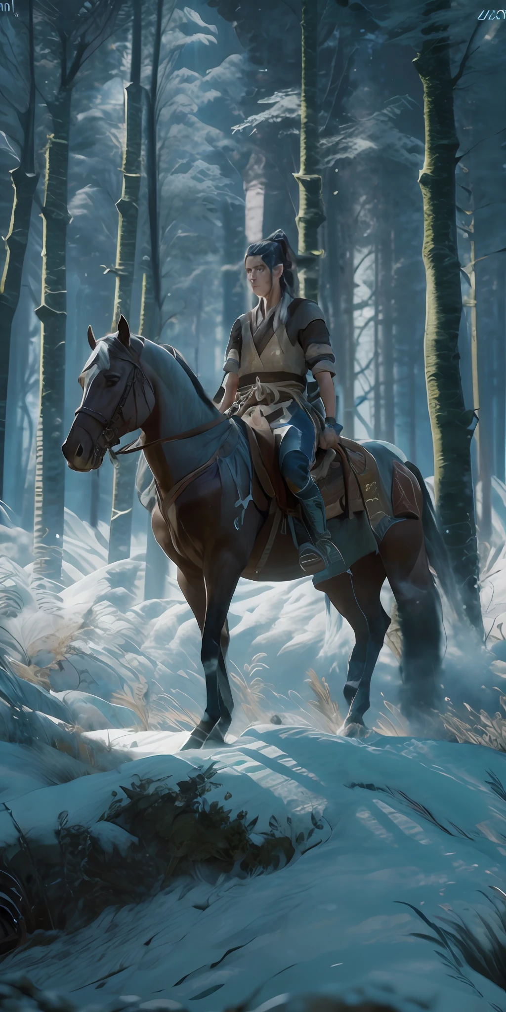 panoramic view, Samurai riding a horse in a snowy forest Cinematic lighting, Unreal Engine 5, Cinematic, Color Grading, Editorial Photography, Photography, Photoshoot, Shot on 70mm lense, Depth of Field, DOF, Tilt Blur, Shutter Speed 1/1000, F/22, White Balance, 32k, Super-Resolution, Megapixel, ProPhoto RGB, VR, tall, epic, artgerm, alex ross, Halfrear Lighting, Backlight, Natural Lighting, Incandescent, Optical Fiber, Moody Lighting, Cinematic Lighting, Studio Lighting, Soft Lighting, Volumetric, Contre-Jour, dark Lighting, Accent Lighting, Global Illumination, Screen Space Global Illumination, Ray Tracing Global Illumination, Red Rim light, cool color grading 45%, Optics, Scattering, Glowing, Shadows, Rough, Shimmering, Ray Tracing Reflections, Lumen Reflections, Screen Space Reflections, Diffraction Grading, Chromatic Aberration, GB Displacement, Scan Lines, Ray Traced, Ray Tracing Ambient Occlusion, Anti-Aliasing, FKAA, TXAA, RTX, SSAO, Shaders, OpenGL-Shaders, GLSL-Shaders, Post Processing, Post-Production, Cel Shading, Tone Mapping, CGI, VFX, SFX, insanely detailed and intricate, hypermaximalist, elegant, hyper realistic, super detailed, dynamic pose, centered, photography