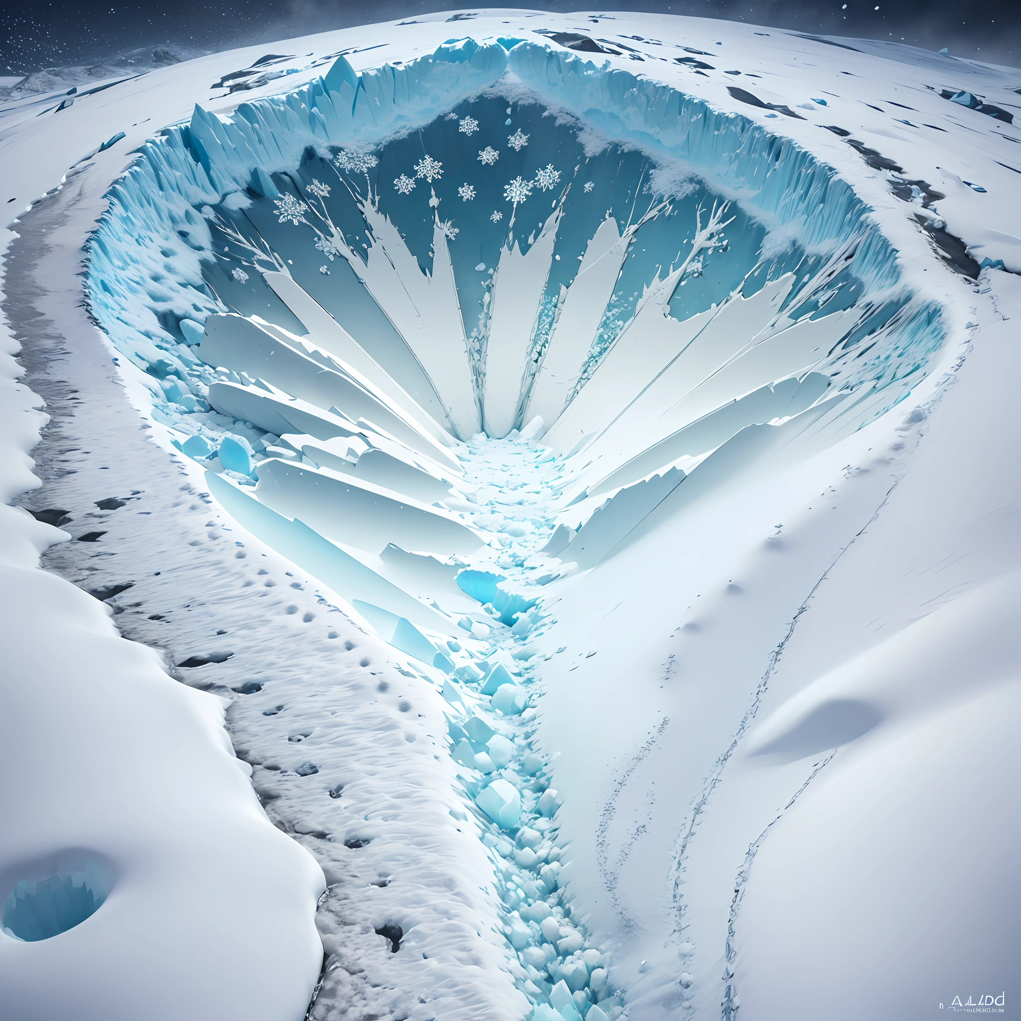 hyper HD, retinas, Anatomically correct, Textured skin, Super detail, Best quality, A high resolution,Huge glaciers,Similar to the polar regions of Antarctica,(Albid salt crystals:1.2),Human footprints are rare,No Man,Glowing seawater,snowflakes falling,Extremely cold winter,Sky blue crystal clusters,extreme light