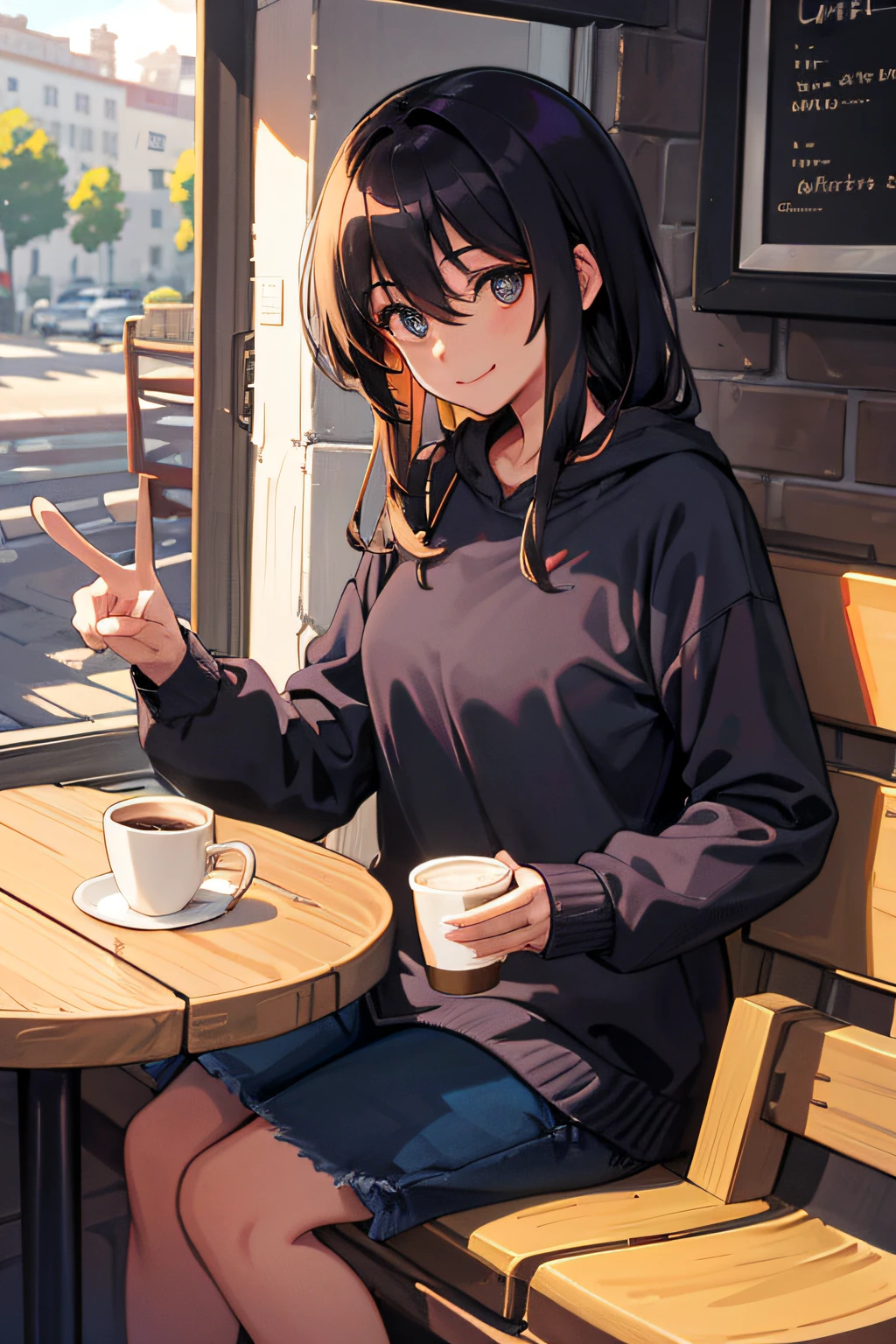 Personaje original, volumetric illumination, Mejores sombras, Profundidad de campo reducida, Women, casual outfit, sitting, shy, look at the camera, smile, peace sing, coffee shop, daylight, overlays,