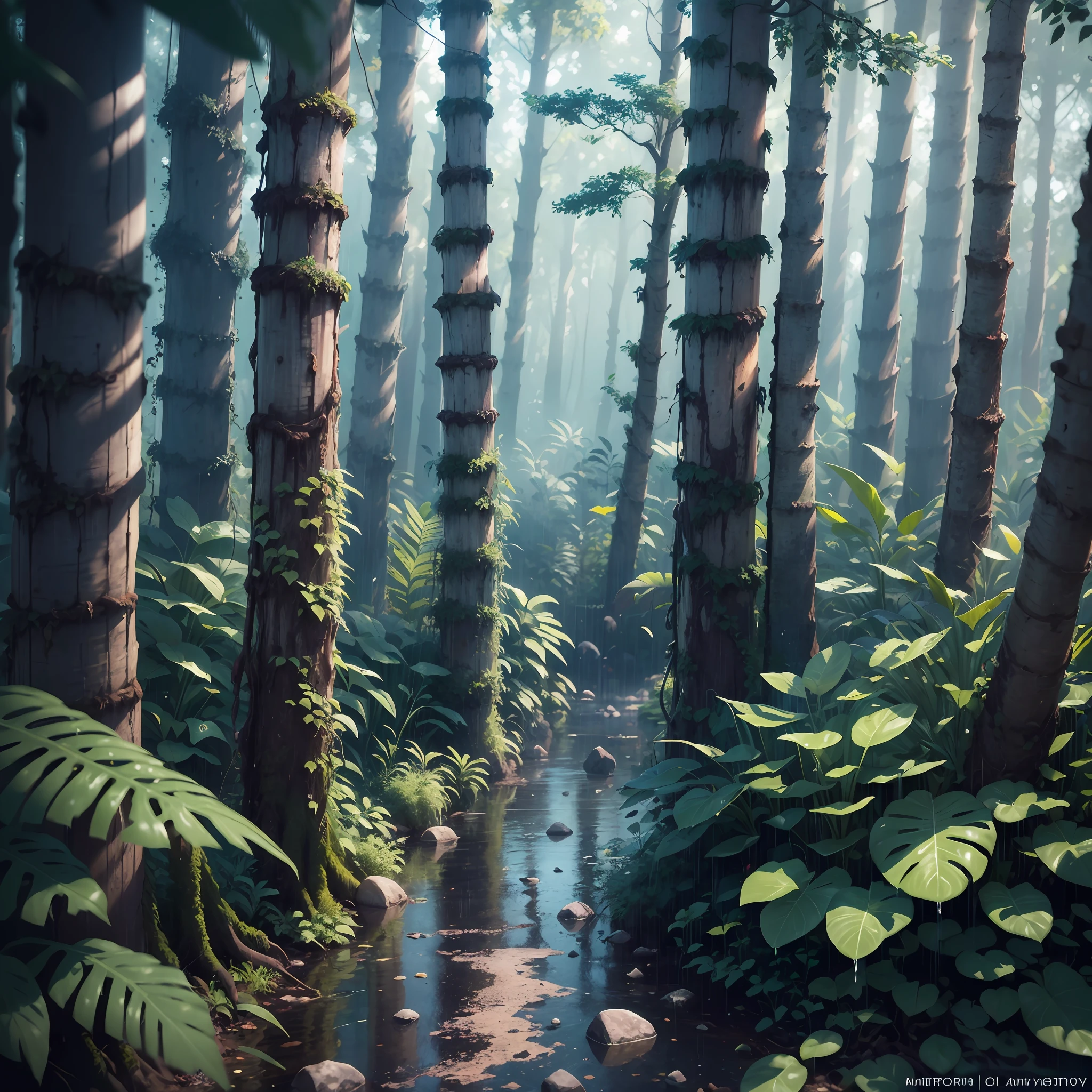 A jungle, with intense rainfall, monochromatic, vines all around, giant and wet trees, masterpiece, best quality, high quality, extremely detailed CG unity 8k wallpaper, oil paiting, award winning photography, Bokeh, Depth of Field, HDR, bloom, Chromatic Aberration ,Photorealistic,extremely detailed, trending on artstation, trending on CGsociety, Intricate, High Detail, dramatic, art by midjourney, volumetric lighting.  Image Size                      : 960x536 --auto --s2