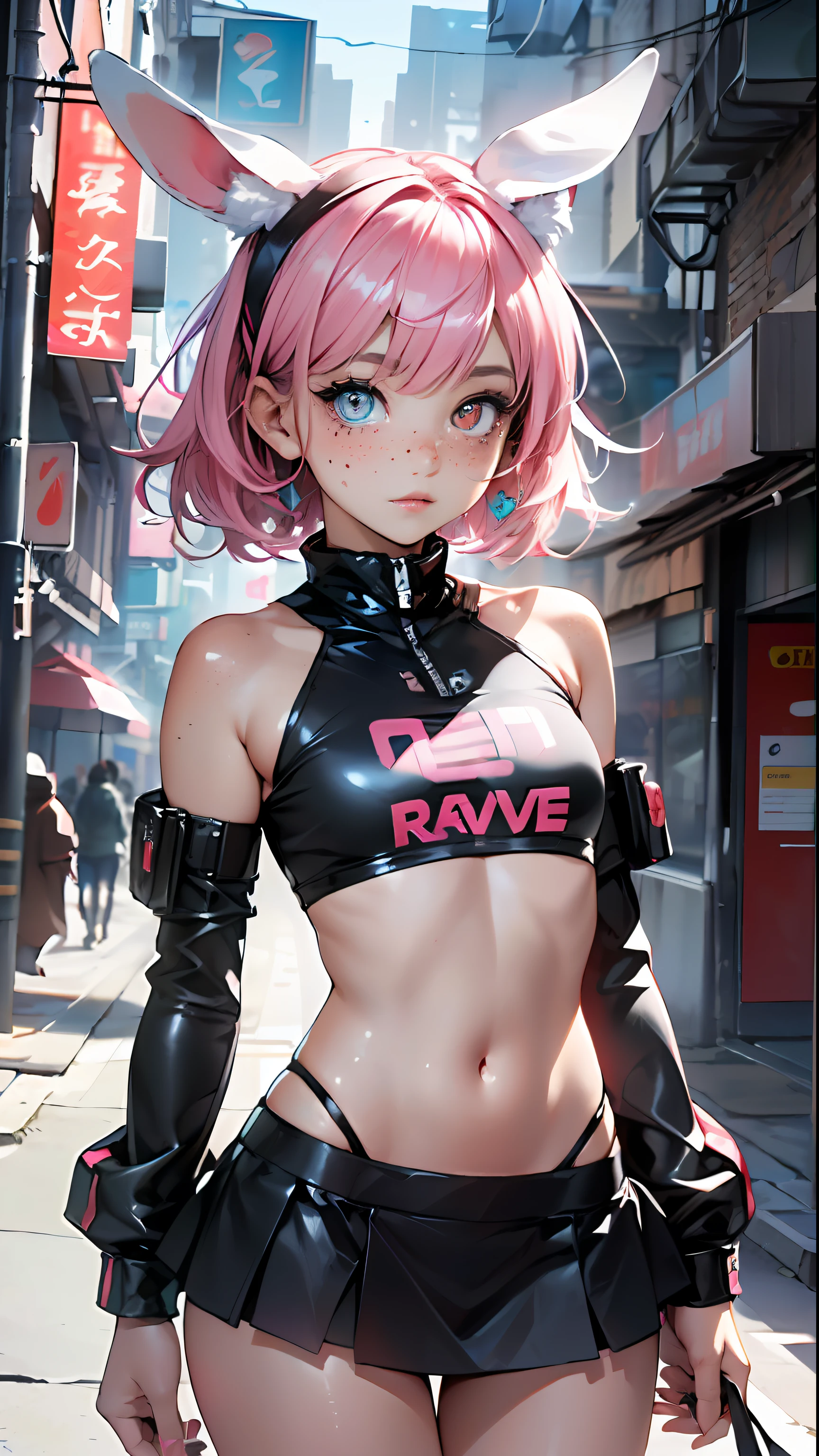 cute little bunny loli,(((little loli, small tiny body, petite))), (((6 years old))),((anime little bunny loli with extremely cute and beautiful fuchsia hair walking down the street)),(((bunny girl,anthro furry cute,bunny-girl))),(((bunny ears,bunny ears on head,big bunny ears))),
(((flat chest))), (((fuchsia hair:1.35,short fuchsia hair,colored inner hair,ear breathing,))),((heterochromia, eye1 fuchsia, eye2 pink, perfect eyes, upturned eyes:1.3, beautiful detailed eyes, finely detailed beautiful eyes:1, big highlight on eyes:1.2, slanted eyes)), (((freckles on the face, freckles,freckled girl))),(((lustrous skin:1.5,bright skin: 1.5,skin tanned,shiny skin,very shiny skin,shiny body,plastic glitter skin,exaggerated shiny skin))),(delicate detailed fingers,detailed body,detailed arms,human hands, detailed hands),
cute,slutty,,erotic,nsfw,
zettai ryouiki,revealing clothing,show skin,((rave shirt, fluorescent colored shirt, rave mini-skirt,visible thong straps)),(wearing a rave outfit:1.3,rave clothes,semi-naked,with little clothing,),(detailed outfit,detailed clothes),
(dynamic pose:1.0), solo focus, embarrassed, centered, scale to fit dimensions, Rule of thirds,
outdoors, ((night view)), (cyberpunk night street Background: 1.5,dark sky,alleyway,lonely alley,thick clouds, detailed background:1.25),
(best quality), (high resolution), (sharp focus), (ultra detailed), (extremely detailed), (extremely high quality artwork), 8k_wallpaper, (extremely detailed CG 8k),(very fine 8K CG), ((hyper super ultra detailed perfect piece)), flawless, (((masterpiece))), illustration, vibrant colors, (intricate), High contrast, Selective lighting, Double exposure, HDR (High Dynamic Range), Post-processing, Background blur,