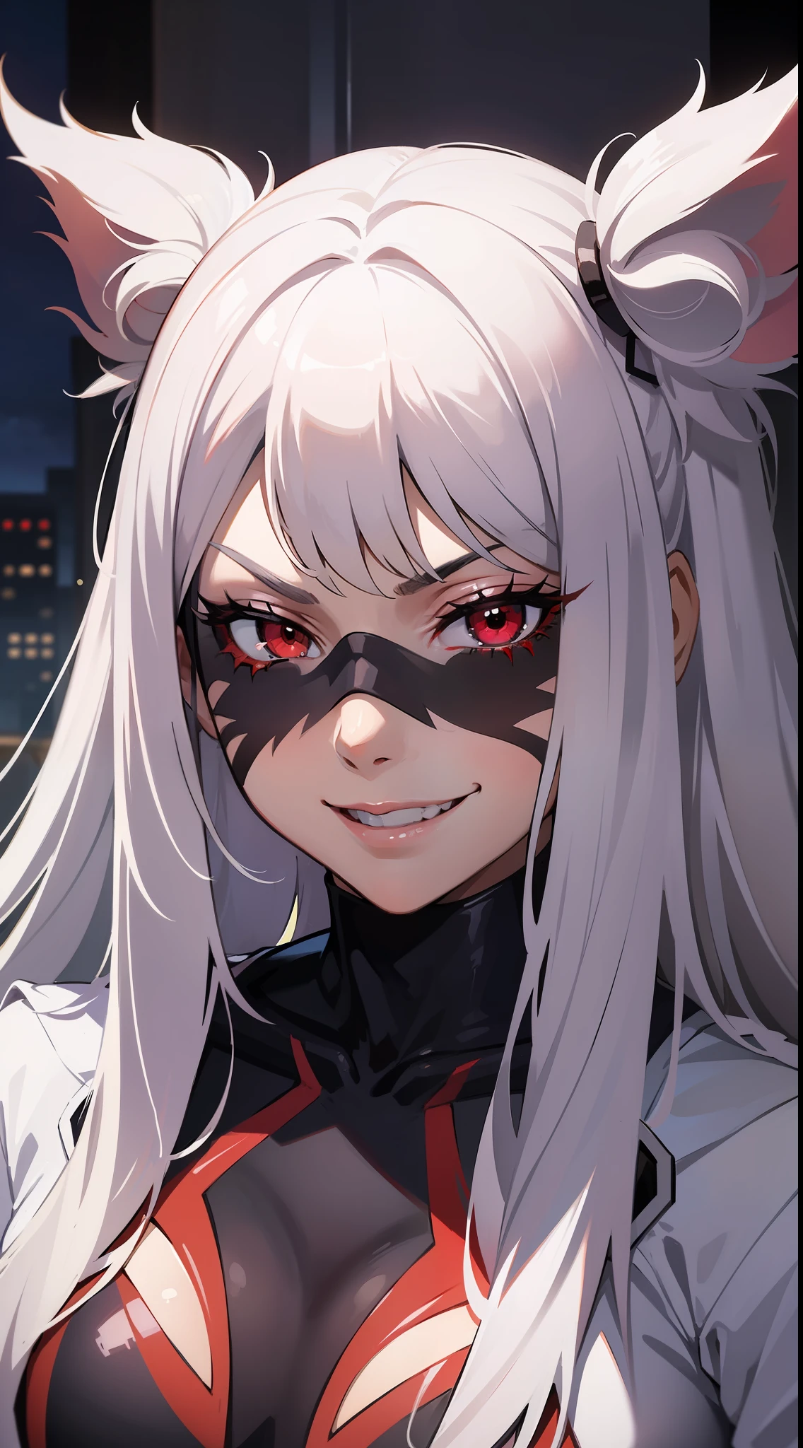 young girl, Long white hair, red-eyes, Bio-organic suit, symbiote, Carnage, smirk, Masterpiece, hiquality