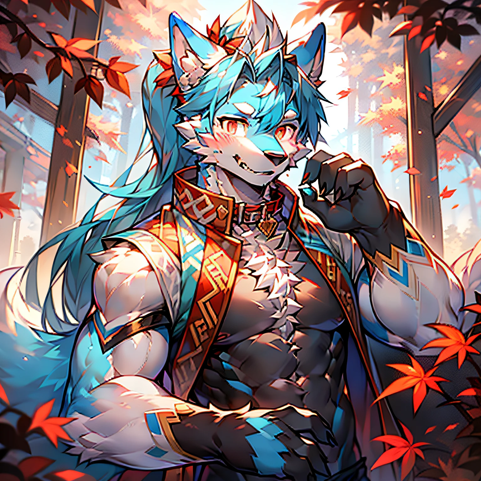 solo person，Hanfu，werecreature，Male white wolf，Blue fur，Blue tail，White ears，Blood-red eyes，Red collar，musculature，male people，Handsome，（The furry feeling of animal ears），Maple leaves fall，autumnal，High ponytail，Ancient wind