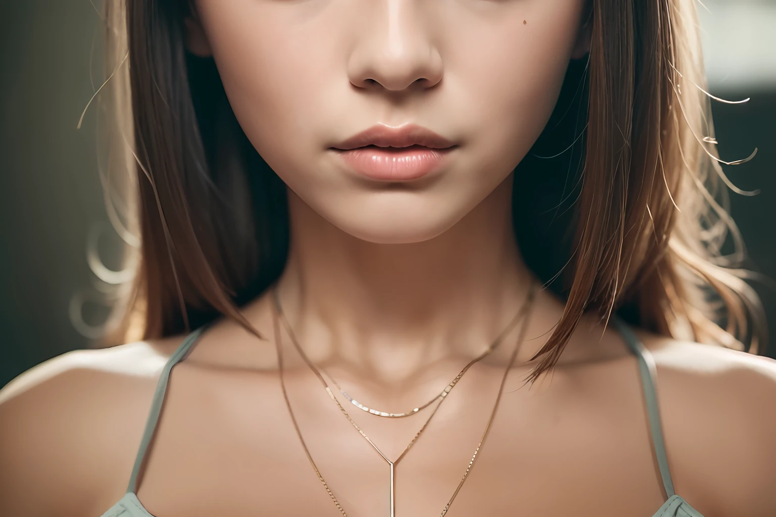 there is a woman with a necklace and a necklace on her neck, soft portrait shot 8 k, portrait sophie mudd, closeup shot of face, cinematic headshot portrait, realistic face moody lighting, young woman's face, tight face shot portrait, cinematic portrait, close up of face, perfectly lit face, young female face, woman's face looking off camera