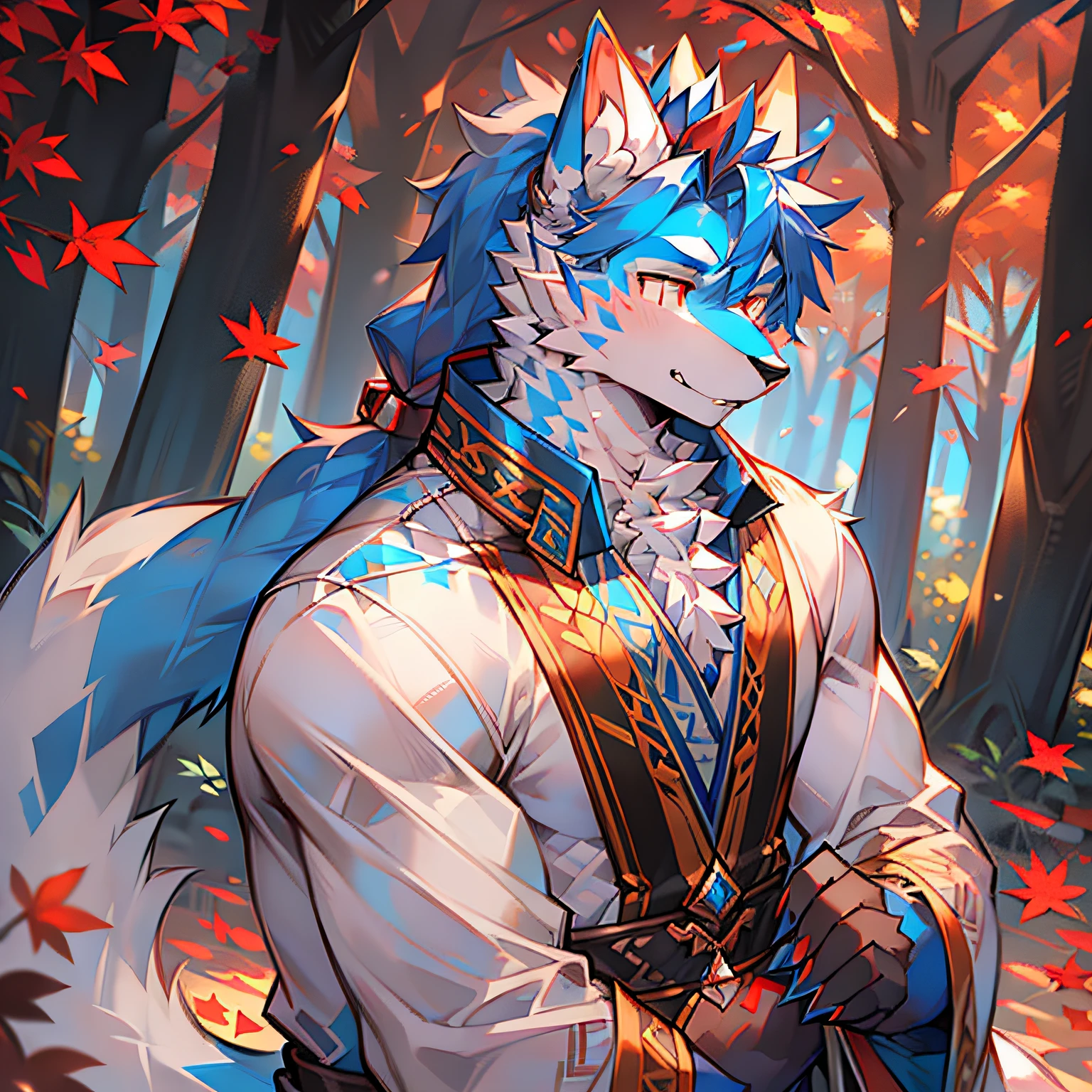 solo person,Hanfu,werecreature,Male white wolf,Blue fur,Blue tail,White ears,Blood-red eyes,Red collar,musculature,male people,Handsome,(The furry feeling of animal ears),Maple leaves fall,autumnal,High ponytail,Ancient wind