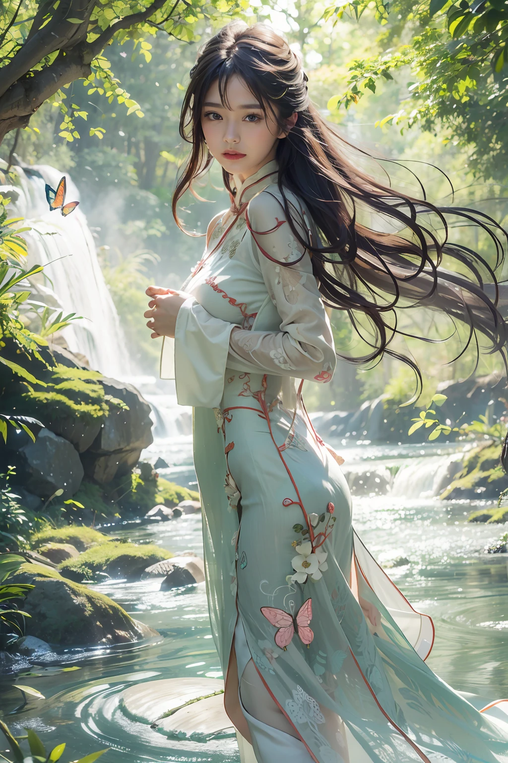 (masterpiece, high resolution, ethereal:1.2), captivating young lady, (flowing cheongsam dress:1.3), intricate embroidery, (long flowing black hair:1.2), (almond-shaped eyes:1.1), (relaxing by a forest stream:1.2), (clear, crystal-like water:1.1), (lush green foliage:1.2), (sunlight filtering through the canopy:1.1), (whispering trees:1.2), (colorful wildflowers dotting the landscape:1.1), serene expression, tranquil atmosphere, (gently cascading waterfall:1.2), (butterflies dancing in the air:1.1), dreamlike setting, inviting viewers to embrace the beauty of nature.