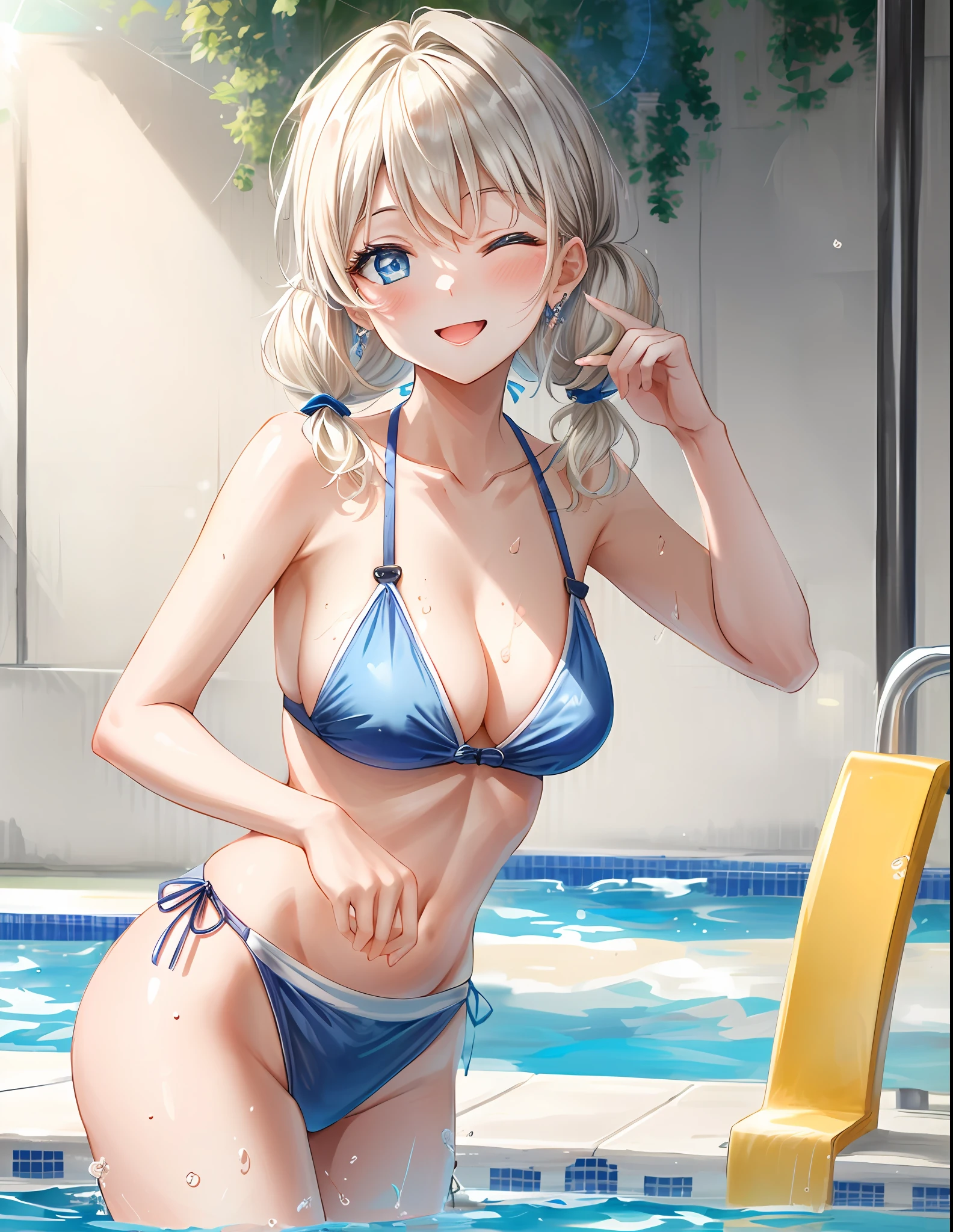 absurderes, hight resolution, (Official art, Beautiful and aesthetic:1.2), best qualtiy、(1womanl:1.9)、(独奏:1.8)、ultra-detailliert,bright colour, Anime Face、extremely beautiful detailed face and eyes,25-years old、under the water、(Lens Flare:1.4)、Shy laughter、(Platinum blonde short hair,low twintails:1.4)、Shiny hair、Medium Breasted、(Deep Blue Eyes:1.4)、Happy smile, shiny_skin,blush、put out the tongue,one eye closed,(hair clips), earrings, (Swimsuit), Clothes, Beautiful cloud,Blue sky,(Pool:1.4)、(Cowboy Shot:1.3)、Splash,In the pool、under the water
