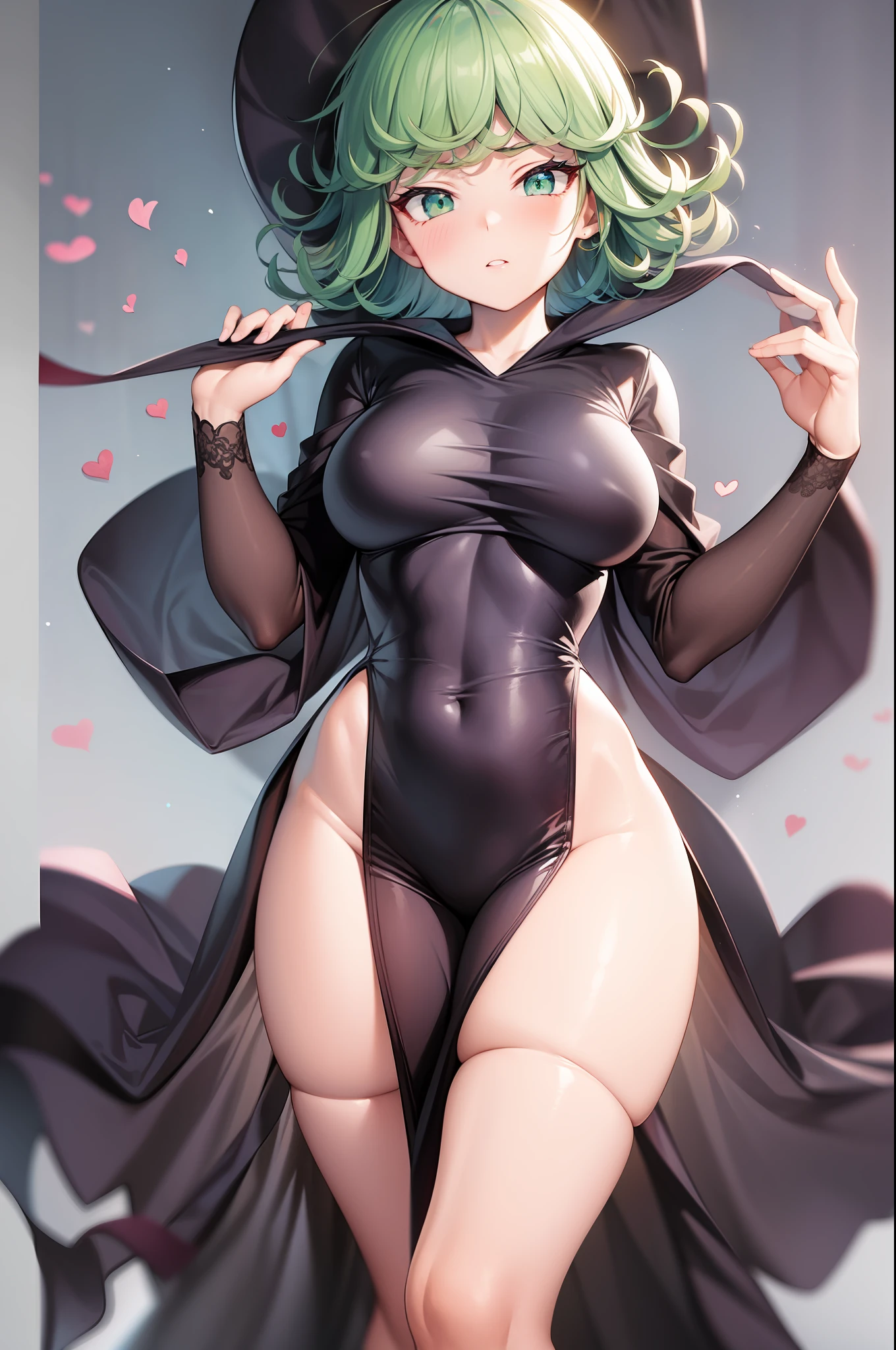 masterpiece, best_quality, highre, tatsumaki, looking at viewer, blush, high Quality, Sharp focus, long legs, pelvic curtain dress, sexy, cute, green hair, full body,