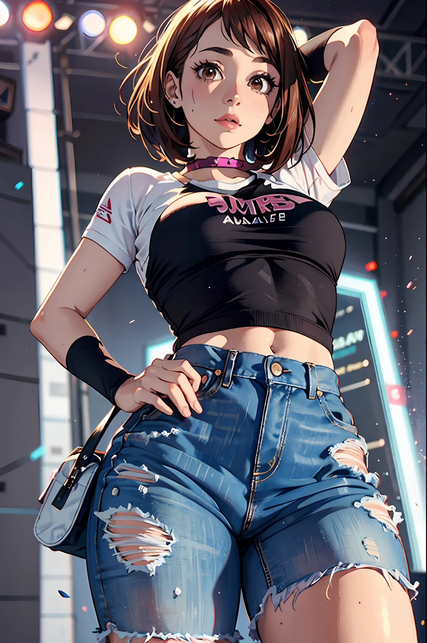 Ochaco Uraraka, muito sensual, com roupas de funkeira, brasileira, rio de janeiro, dancing funk, rebolando, bunda grande, pernas grossas, usando um short jeans extremamente curto, usando uma mini blusa, umbigo com pirsing, sneakers Nike, cabelo comprido, Speaker behind, corpo inteiro, muito realista, extremamente sexy, 8k, 8k extremamente detalhado), (um extremamente delicado e bonito), (obra-prima), (melhor qualidade: 1.0), (ultra highres:1.0)