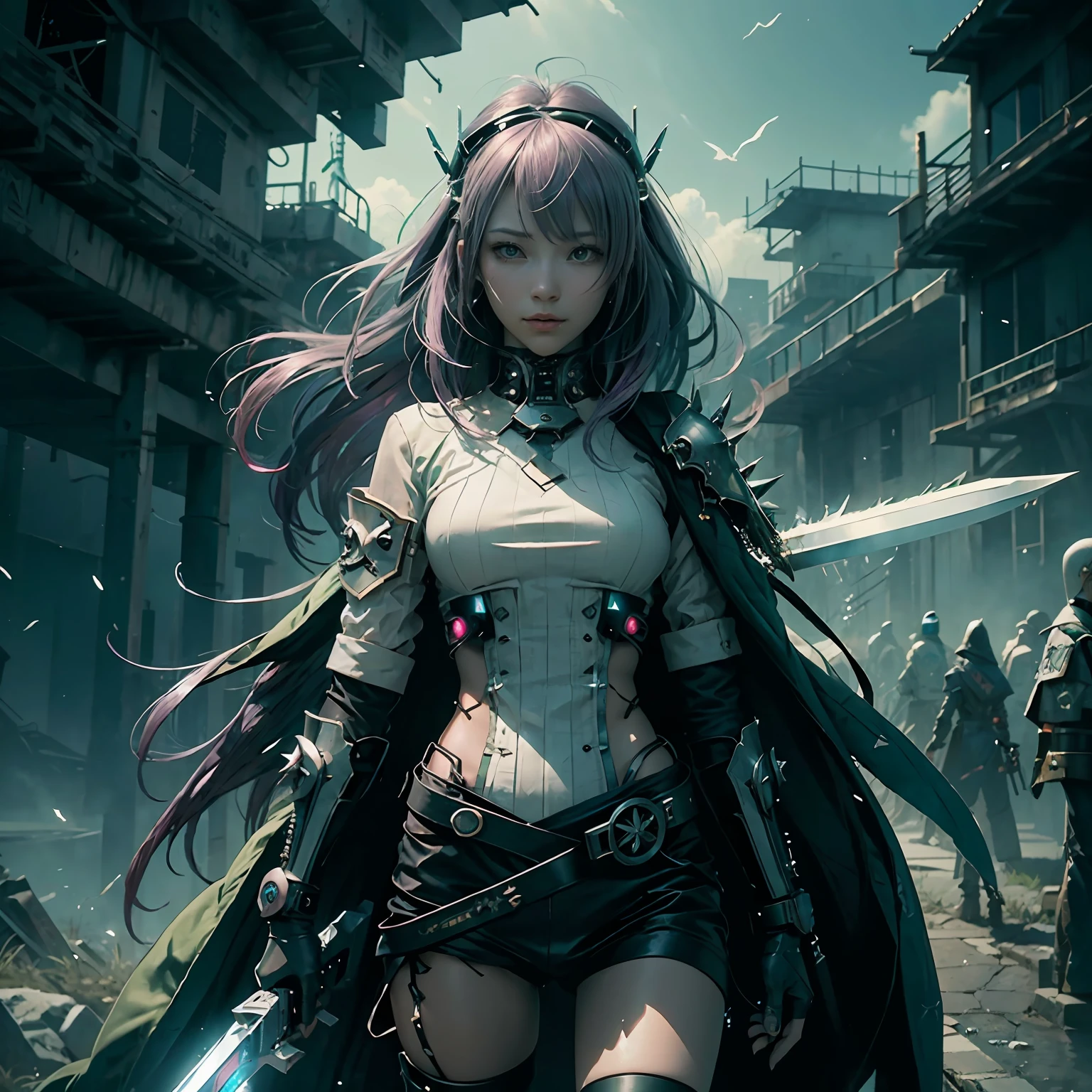 (Extreme Detail CG Unity 8K Wallpapers，tmasterpiece，Highest image quality)，(Delicate light and shadow，The picture is highly dramatic，Cinematic lens effect)，Beautiful woman with purple hair and green and white clothes, Maple Story Girl, style of ghost blade, Glowing green spear, spiky skin, Stylized anime, With a long gun, lineless, holy cyborg necromancer girl, katana zero，cyber punk style
