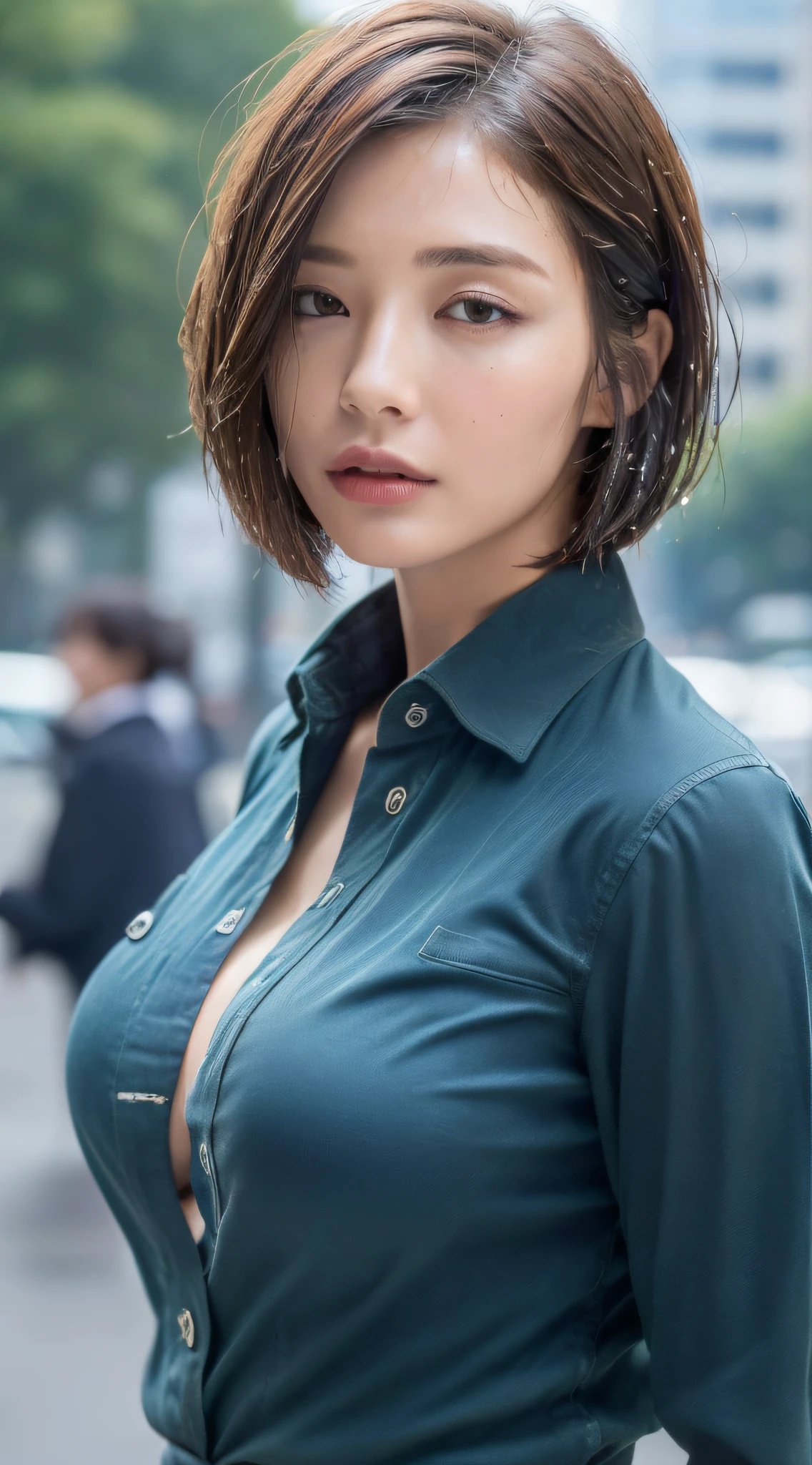((Best quality, 8k, Masterpiece :1.3)), Sharp focus :1.2, A pretty woman with perfect figure :1.4, Slender abs :1.2, ((Layered haircut, Big breasts :1.2)), (Wet thin button up long shirt :1.1), (Rain, Street:1.2), Wet body :1.1, Highly detailed face and skin texture, Detailed eyes, Double eyelid