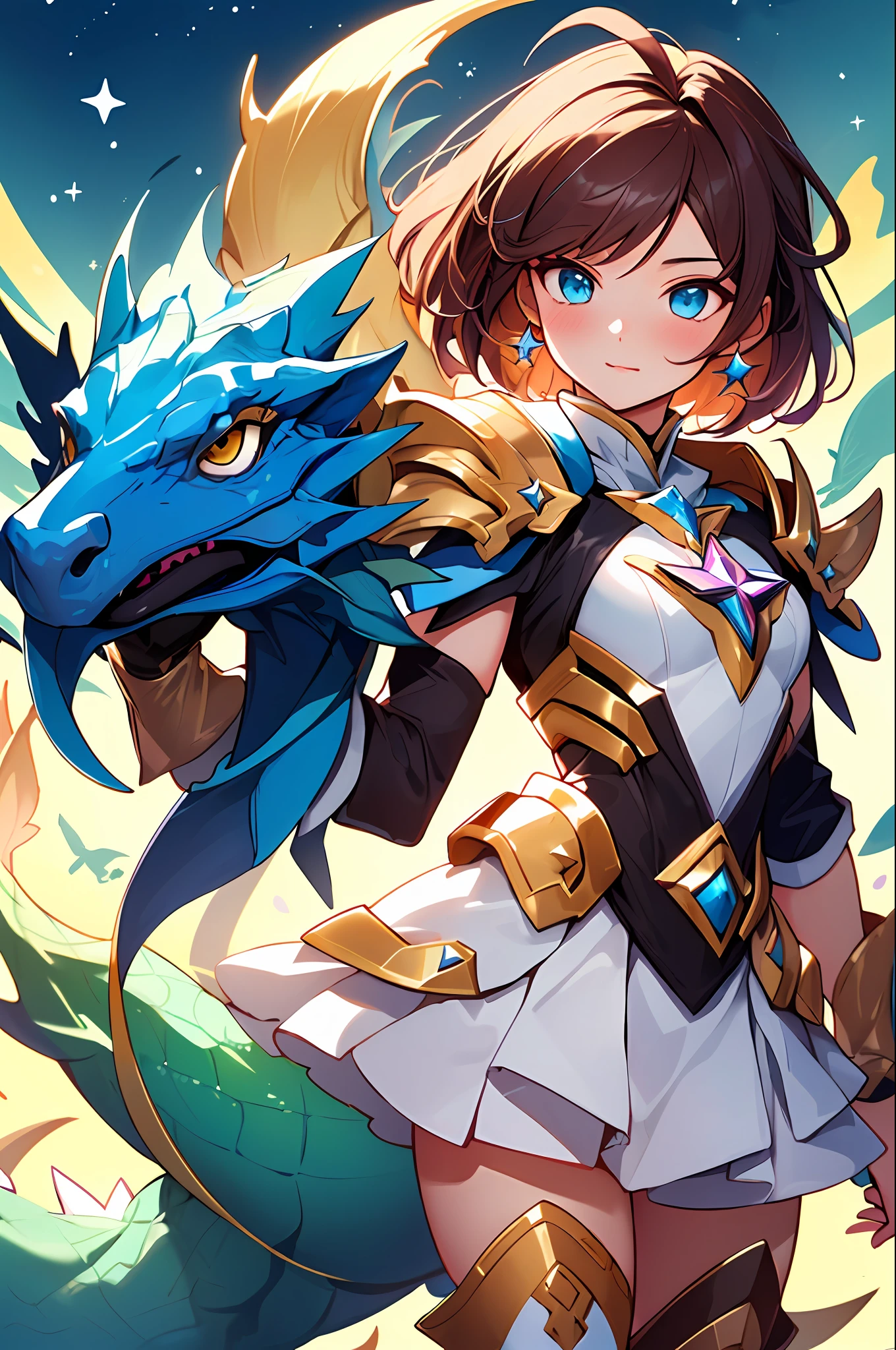 (master part:1.4), (best quality:1.2), Star Guardian Girl with Short Hair, 1girl, mangas destacadas, saia azul, magical girl, Star Guardian \(Liga das Lendas\), gema azul, cabelo preto, parte superior do corpo, cowboy shot, Armor with lizard scales and dog heads on the shoulder pads.