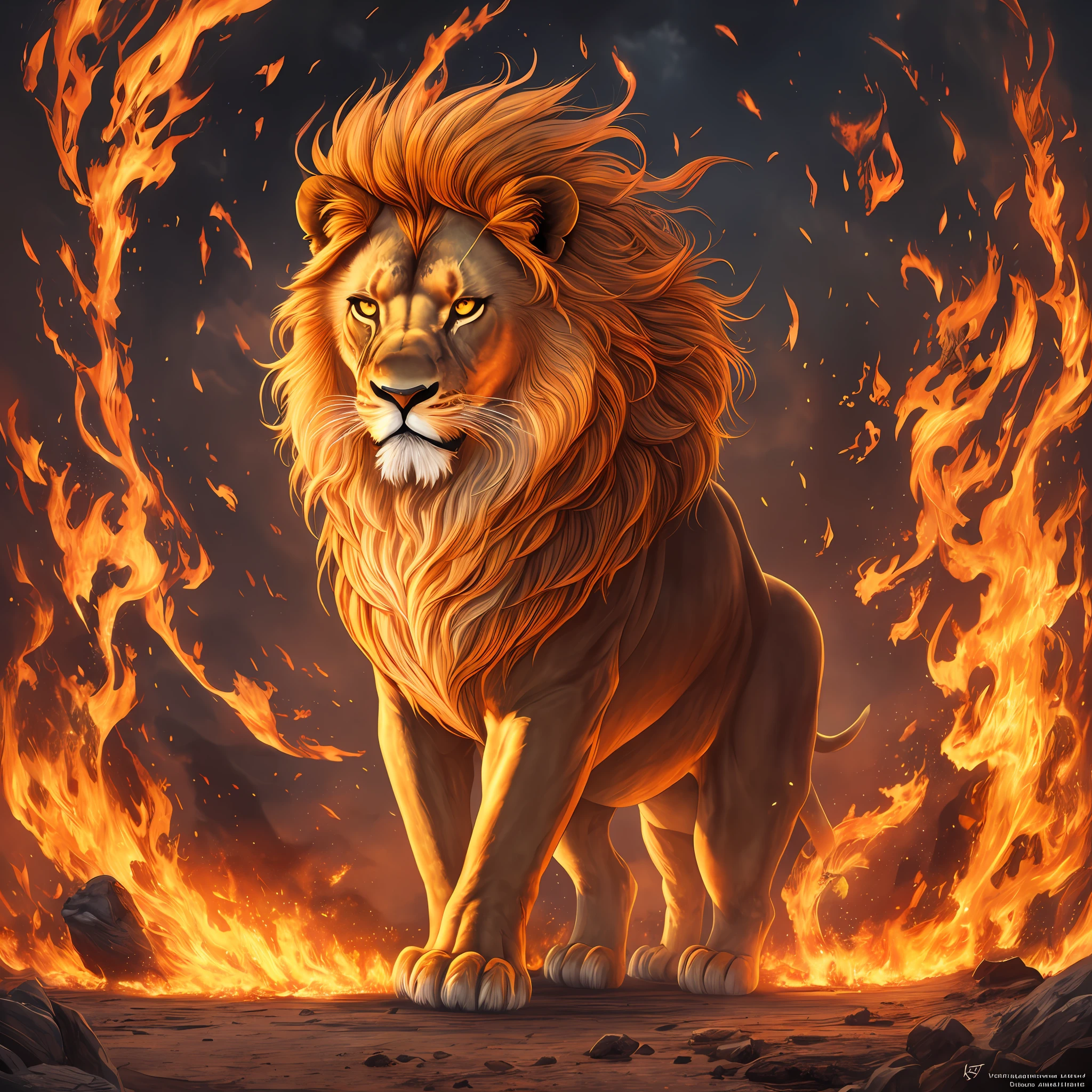 Image of Arafard's lion in flames, mythological beasts, mythological creatures, Golden Lion, Realistic fantasy illustration, highly detailed digital artwork, best on adobe stock, author：Howard Lyon, mythological creatures, Highly detailed digital art, a mythical creature, high detailed official artwork, digital painting highly detailed, 4k highly detailed digital art, Leo --auto