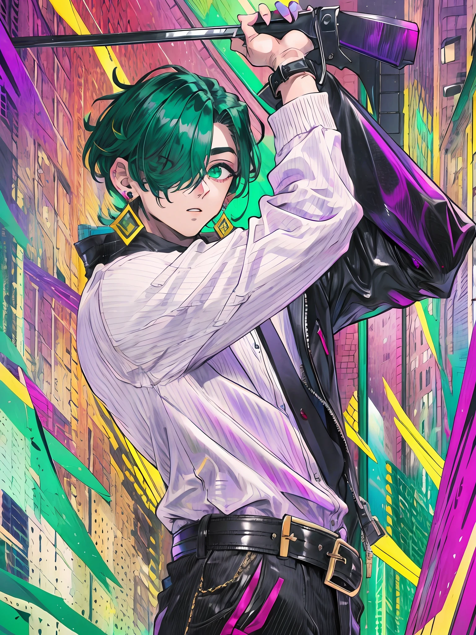 best quality, masterpiece, highres, 1boy,male,solo,upper body, sampo,purple hair,green eyes,hair over one eye,jacket,shirt,earrings,belt