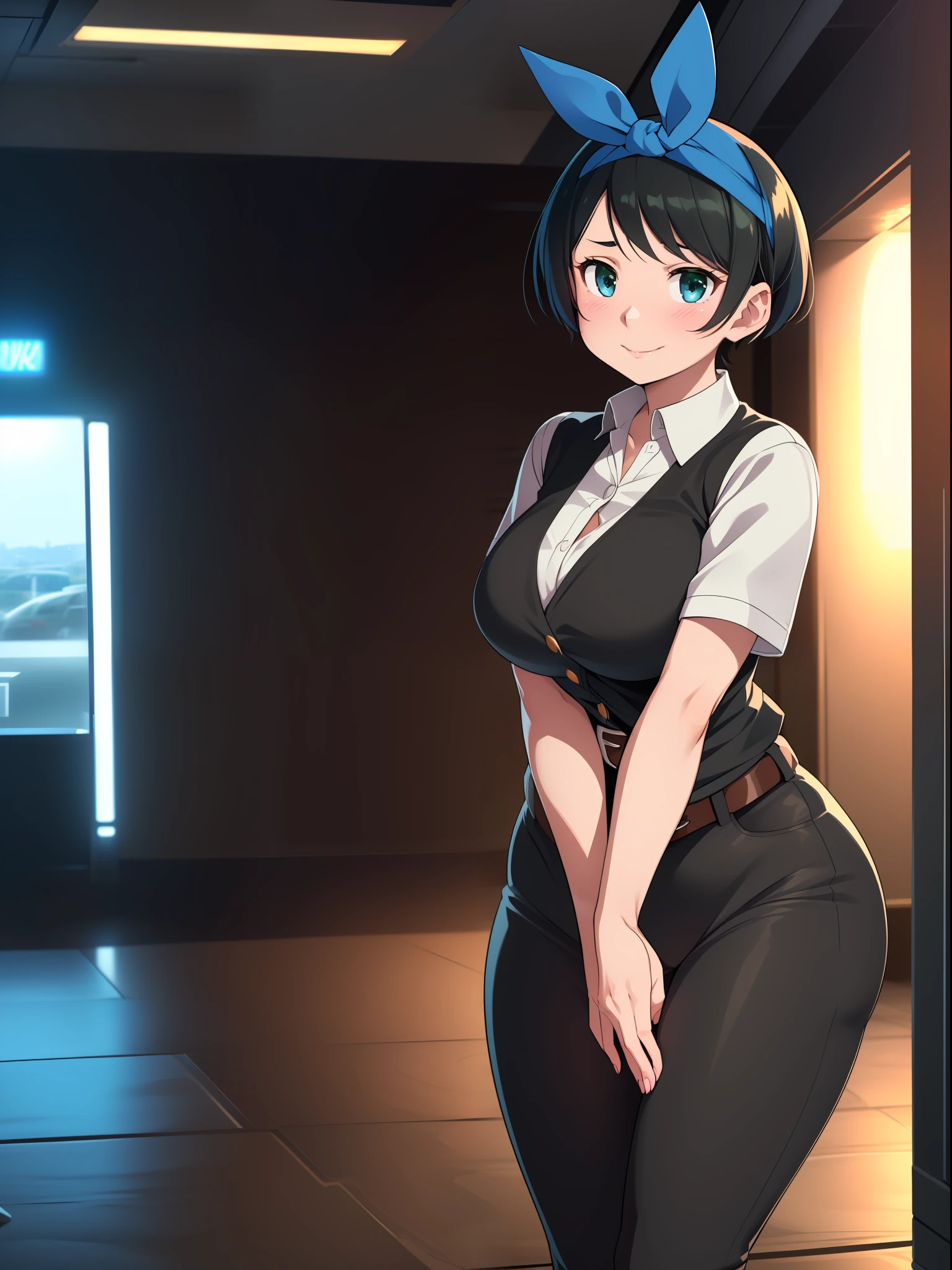 ((((kipteitei art)))), ((highres)),Masterpiece, high quality, best quality, beautiful, perfect lighting, detailed face, ultra cute face, ((1girl)), ((solo), ((((sarashina ruka)))), ((blue hairband)), (dress shirt), (black vest), (black pants), belt, work uniform, (tight clothes), looking at viewer, cowboy shot, sweet smile, cute, cute pose, arms at side, blush, large breasts, perky breasts, (wide hips), (thick thighs), working at movie theater, empty movie theater, movie theater lobby, night time, late shift