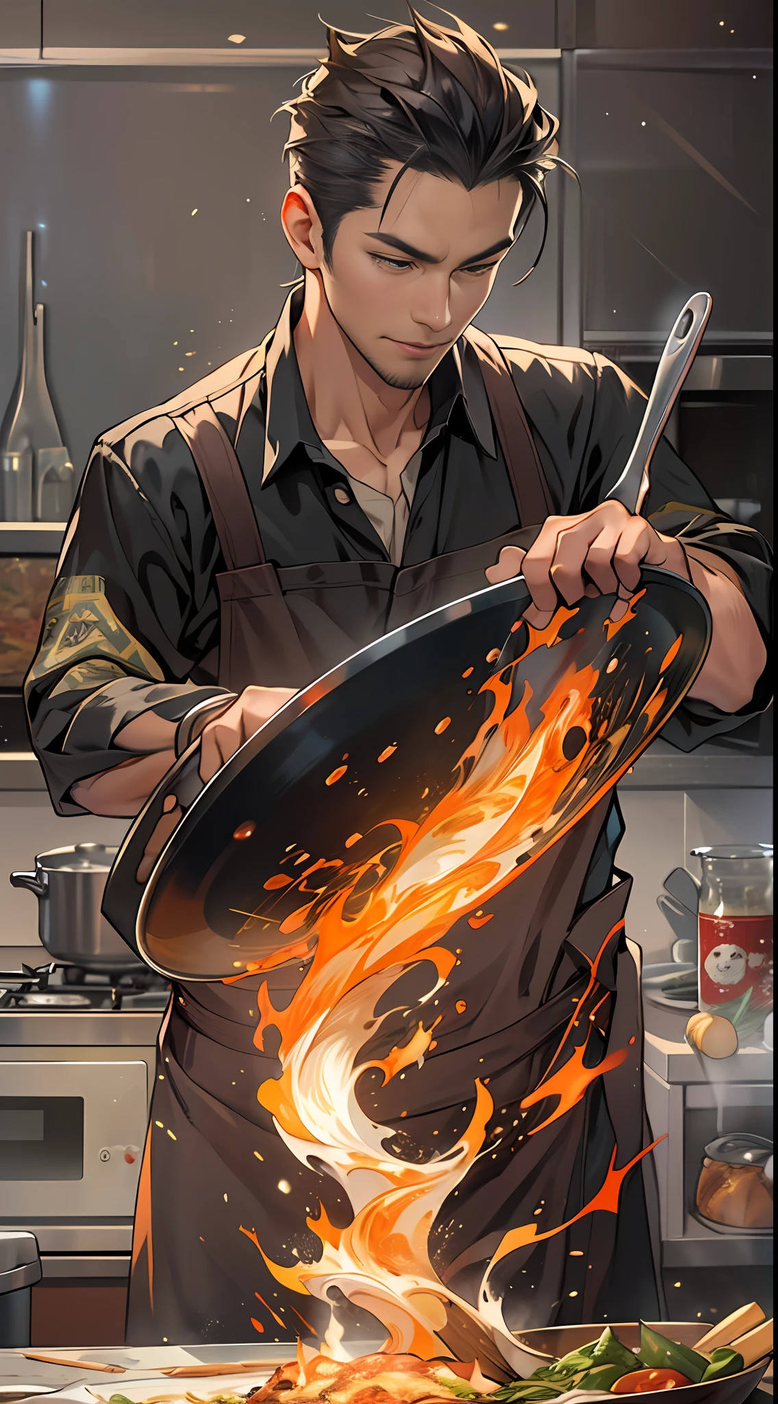 A tall, handsome man stands in the kitchen, holding a frying pan and skillfully stir-frying the ingredients. Suddenly, a dancing flame rises from the pan, forming a magnificent rotation, then gracefully returns to the pan.,in the style of the stars art group xing xing, 32k, best quality, masterpiece, super detail, high details,