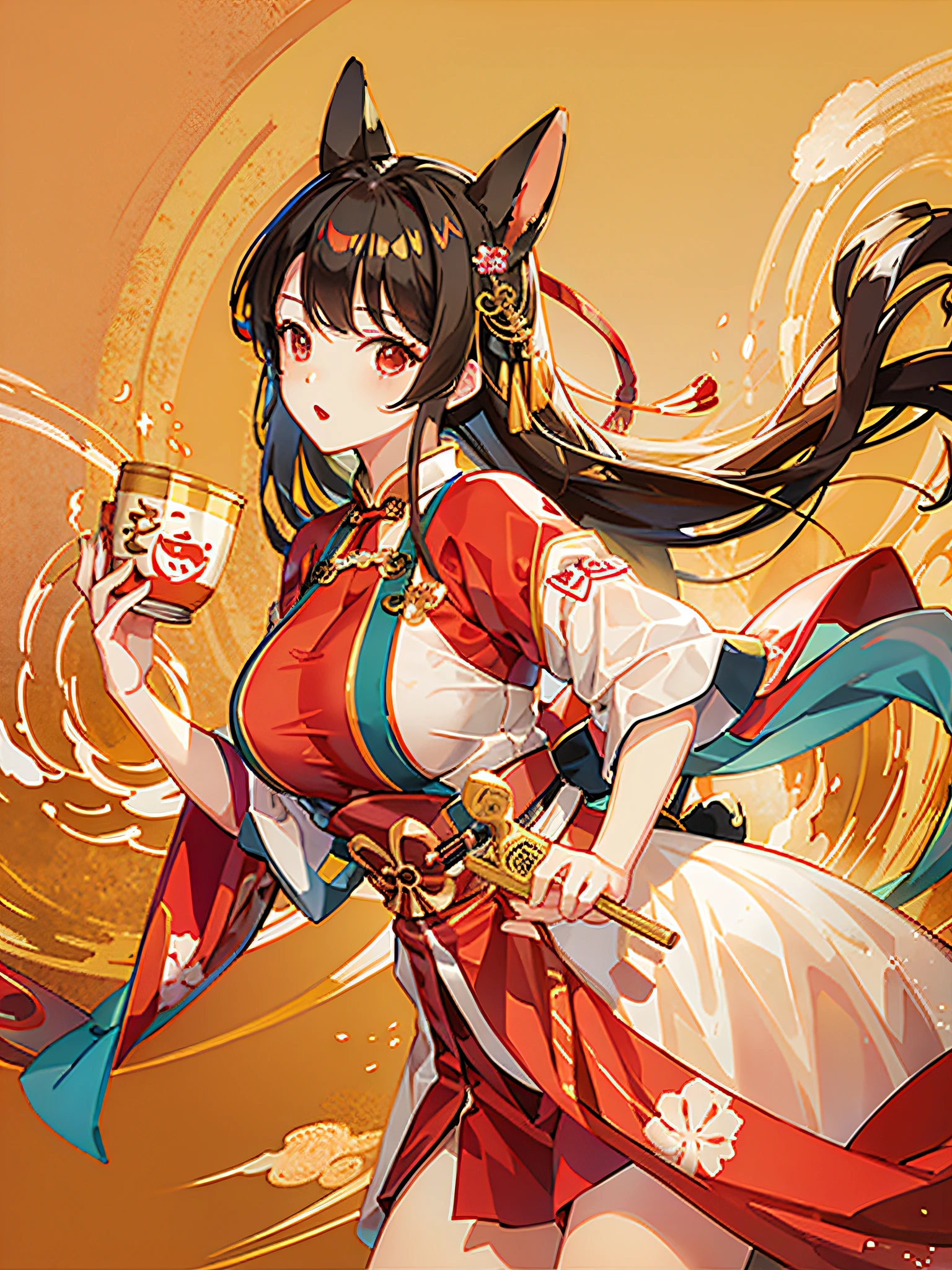 a big breast chinese girl,wearing a hanfu,Holding a corgi,National style,high qulity