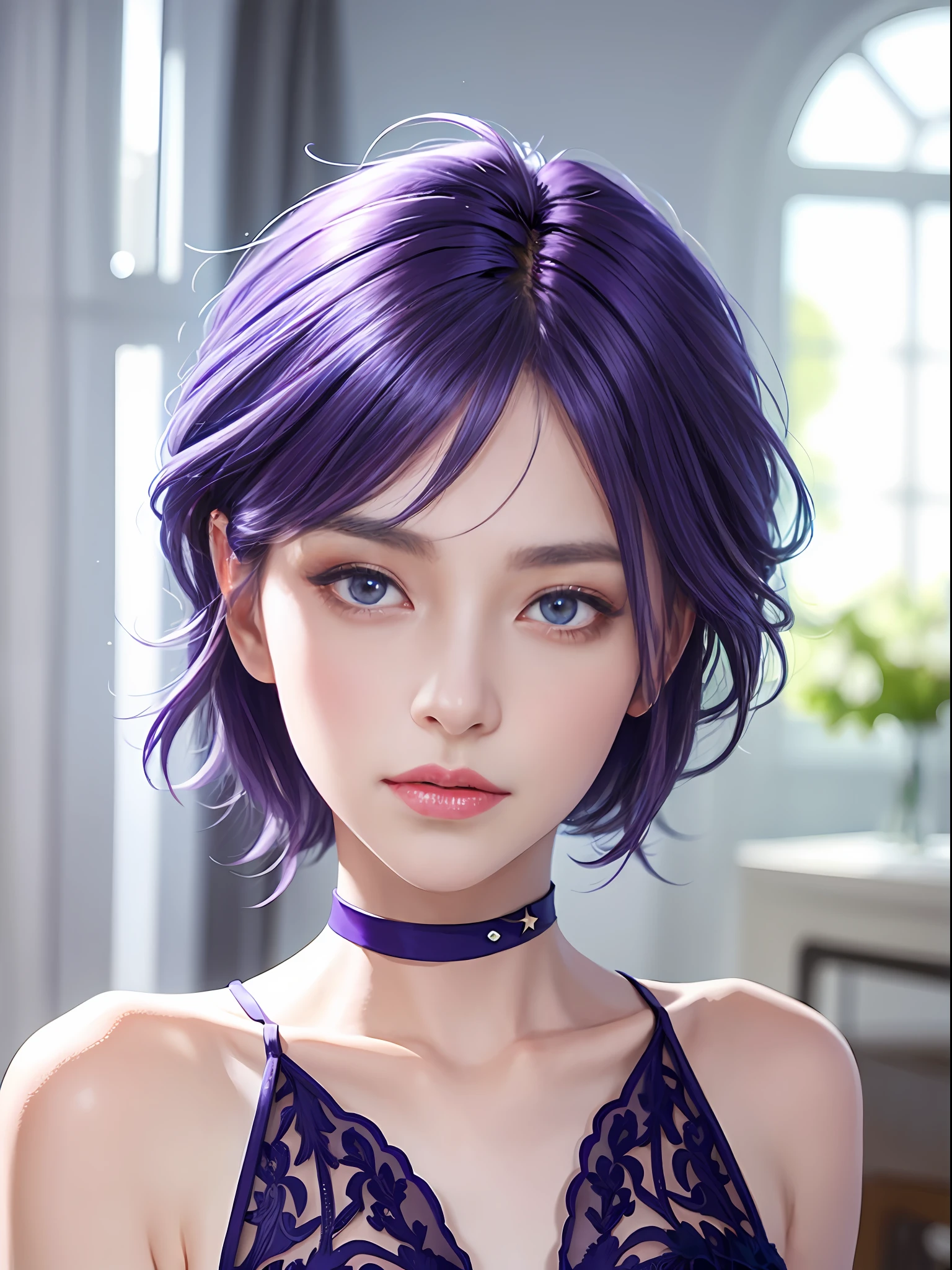 A delicate and meticulous girl,Realistic skin,star-kafka,short blue-purple hair,sophisticated haircut,Sharp blue-purple eyes,Wearing a purple wedding dress is beautiful,symetrical eyes,Natural soft light,The light from the back window is backlighted,Look at the audience,Center the lens to look at the face and waist from the front,Beautiful and well-proportioned,Fashion portrait