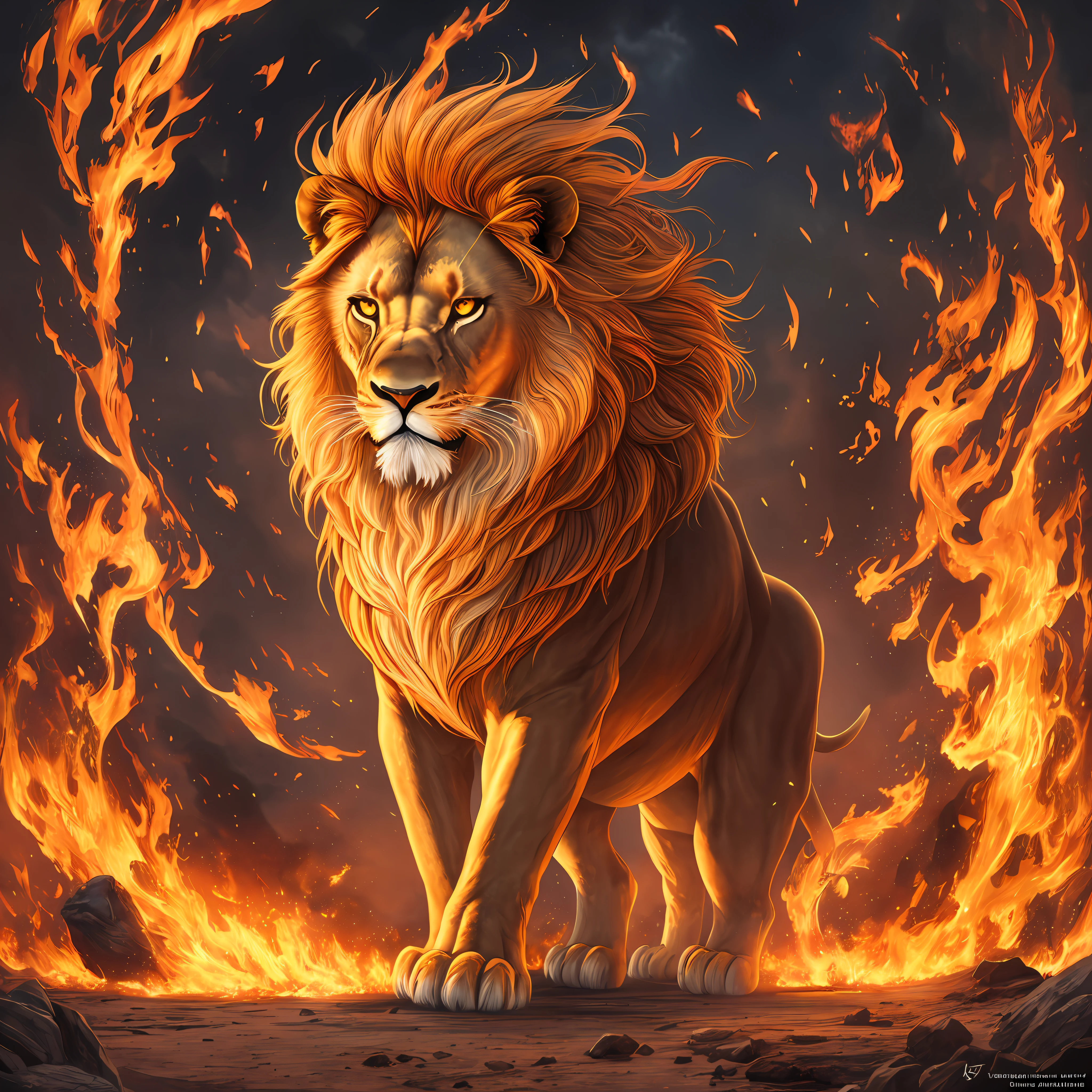 Image of Arafard's lion in flames, mythological beasts, mythological creatures, Golden Lion, Realistic fantasy illustration, highly detailed digital artwork, best on adobe stock, author：Howard Lyon, mythological creatures, Highly detailed digital art, a mythical creature, high detailed official artwork, digital painting highly detailed, 4k highly detailed digital art, Leo --auto