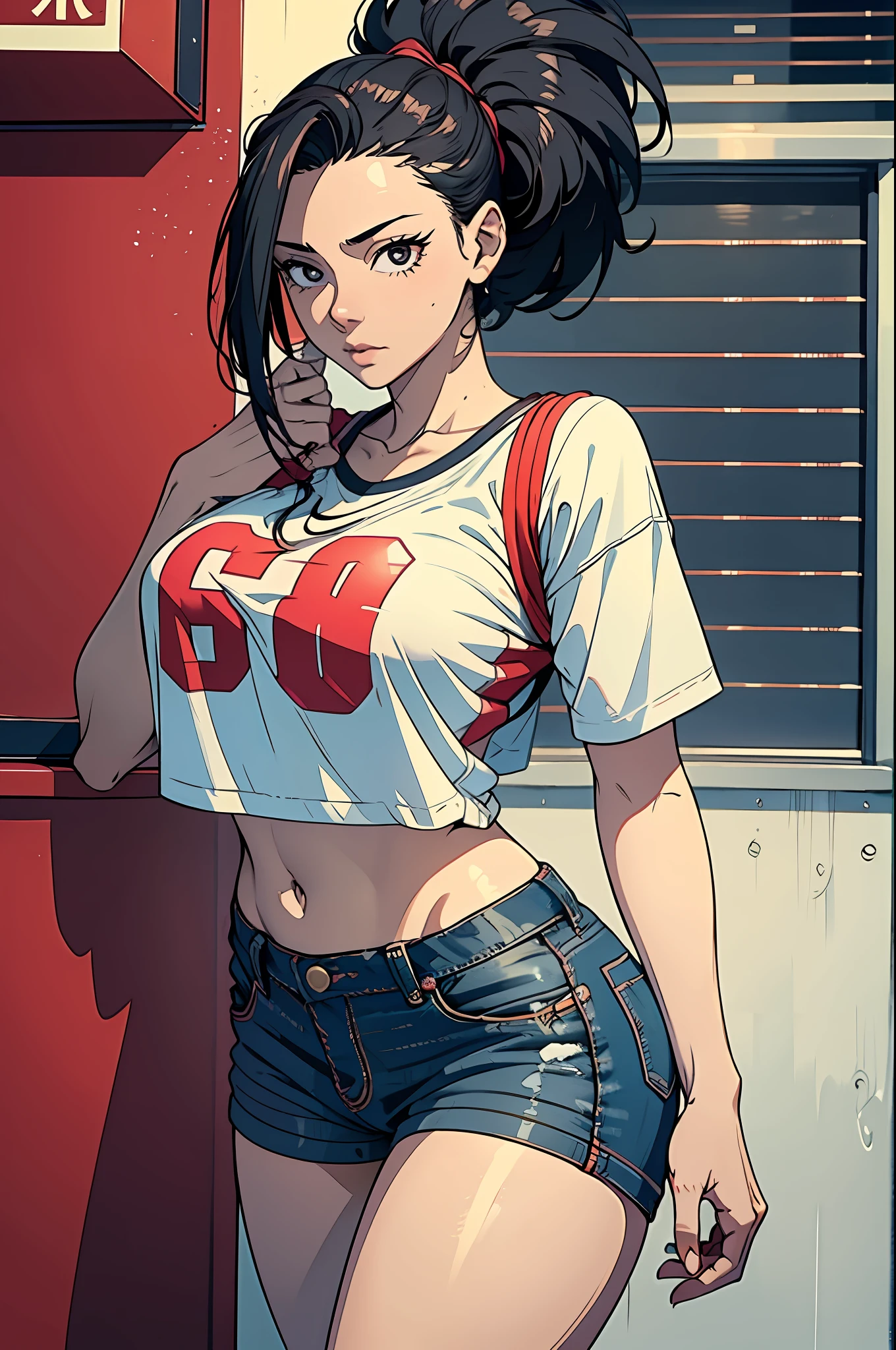 Momo Yaoyorozu, muito sensual, com roupas de funkeira, brasileira, rio de janeiro, dancing funk, rebolando, bunda grande, pernas grossas, usando um short jeans extremamente curto, usando uma mini blusa, umbigo com pirsing, sneakers Nike, cabelo comprido, Speaker behind, corpo inteiro, muito realista, extremamente sexy, 8k, 8k extremamente detalhado), (um extremamente delicado e bonito), (obra-prima), (melhor qualidade: 1.0), (ultra highres:1.0)