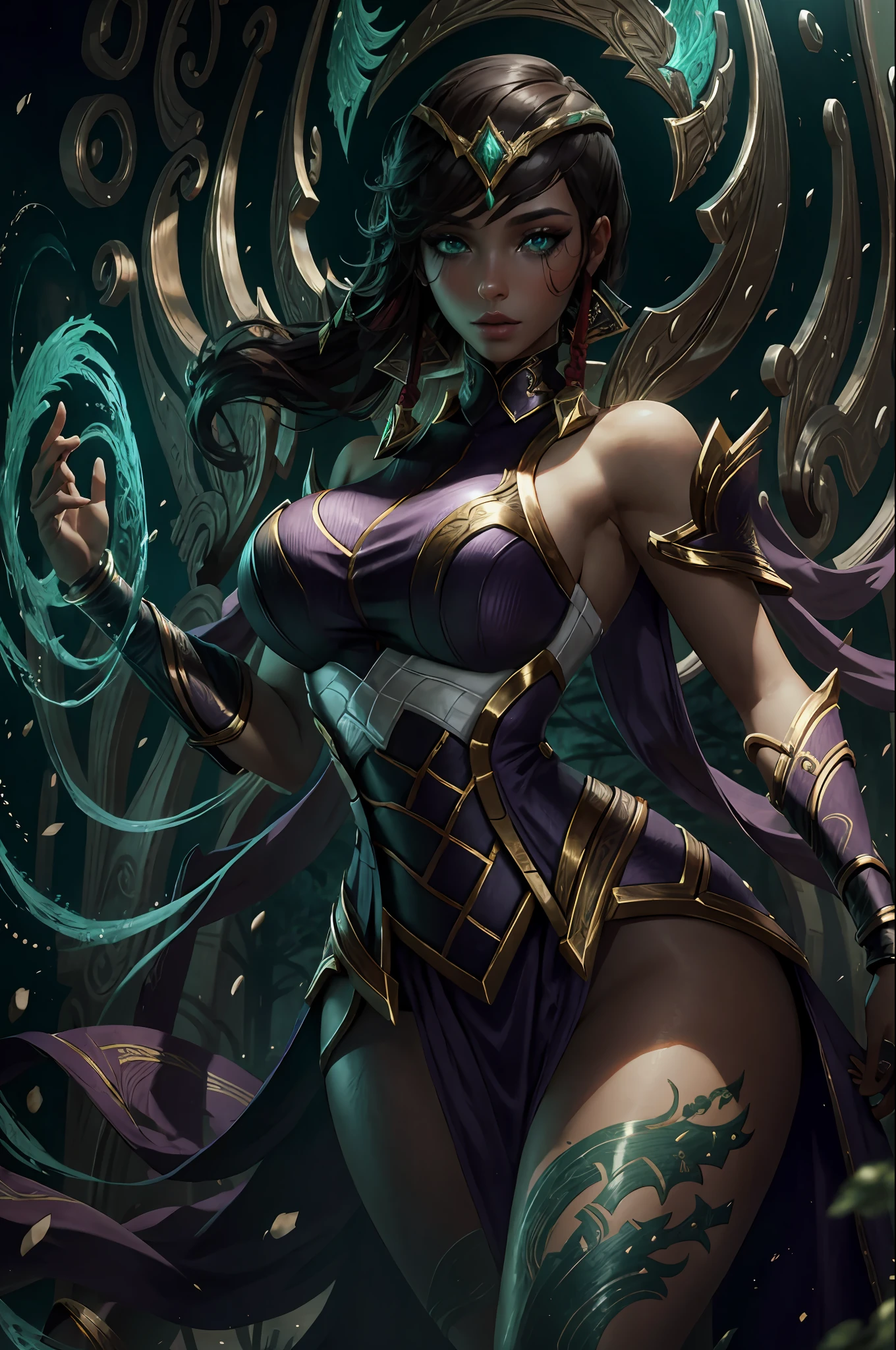 ultra realistic, ((gorgeous)),  league of legends, highres, 1girl, ultra-detailed, (beautiful detailed face and eyes and hair:1.1), masterpiece, perfect face, beautiful face,  textured skin, beautiful detailed face, sensual, beautiful eyes, masterpiece, intricate details, 1girl, looking at viewer ,solo, seductive, erotic, Extremely beautiful, large breast, pretty woman, beautiful woman, half body, perfect,  kaerma, (sexy pose:1.2),  hair ornament,  looking at viewer, green eyes,